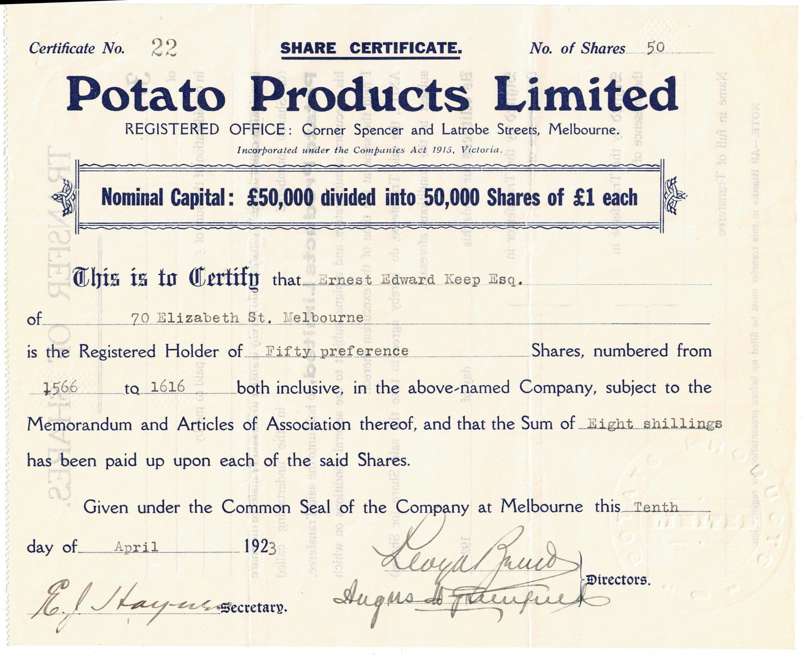 Australian Share Certificate - Potato Products Ltd, Melbourne, 10 April 1923: Certificate# 22, 50 Shares at £1 Medium Collectables