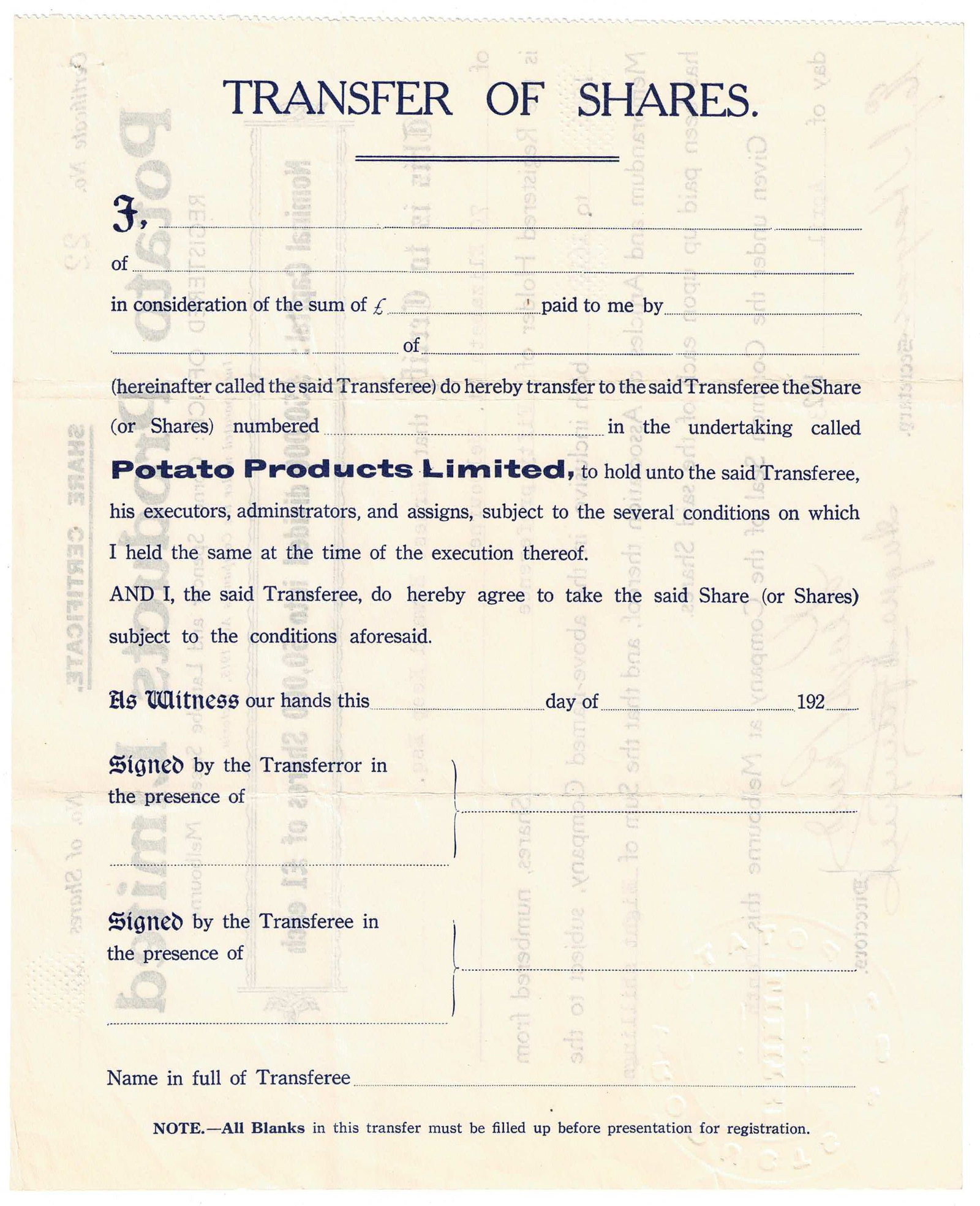 Australian Share Certificate - Potato Products Ltd, Melbourne, 10 April 1923 - 2