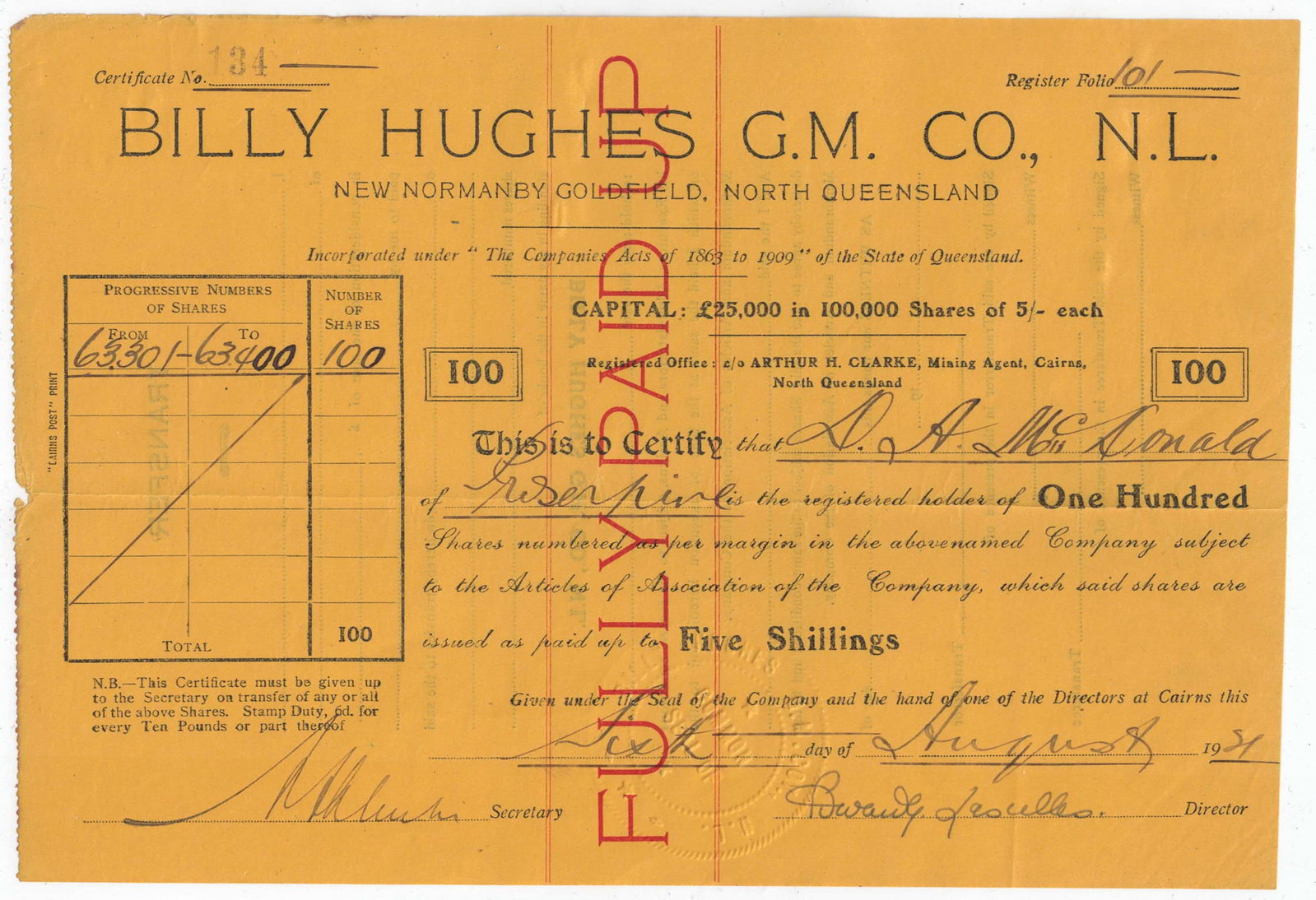Australian Share Certificate - Billy Hughes G.M. Co. N.L. North Queensland, 6 August 1921 (1 of 2)