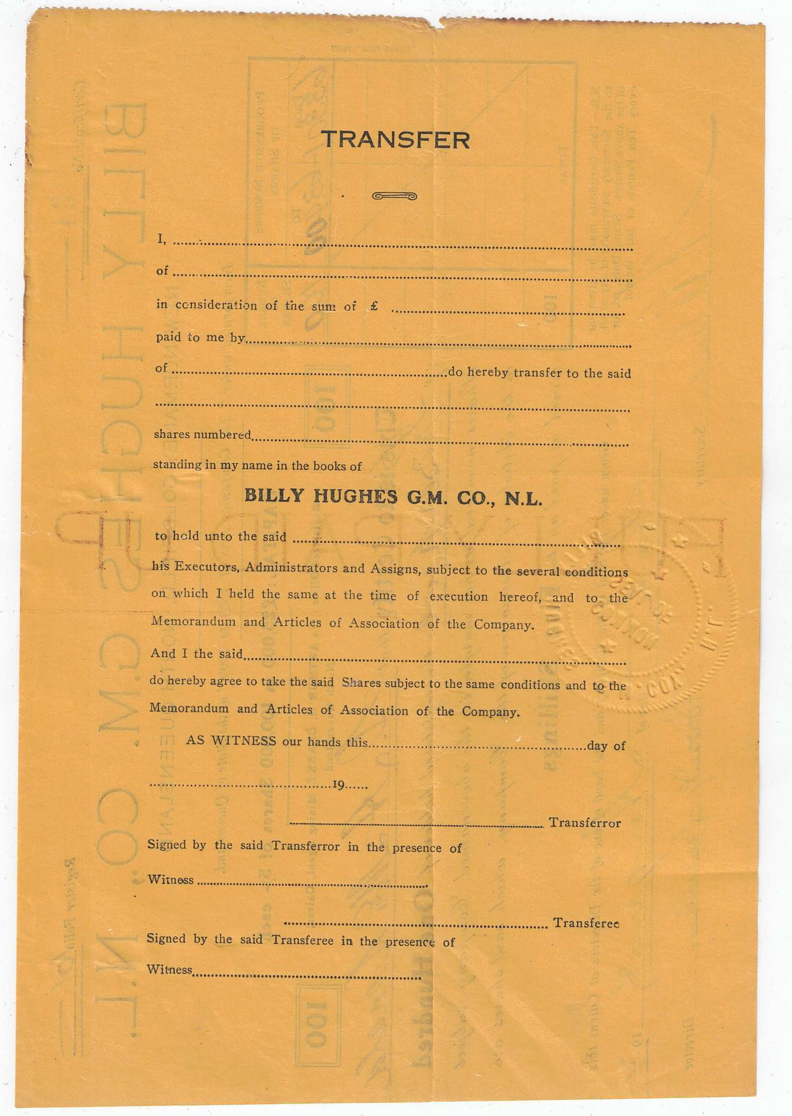 Australian Share Certificate - Billy Hughes G.M. Co. N.L. North Queensland, 6 August 1921 - 2