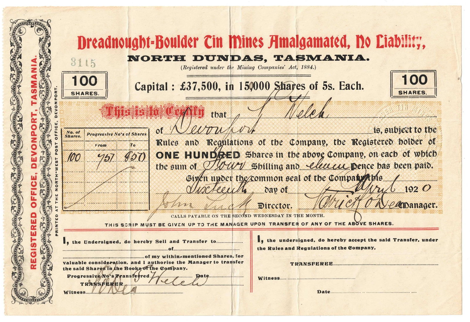 Australian Share Certificate - Dreadnought-Boulder Tin Mines Amalgamated, 19 April 1920: Certificate# 3115 100 Shares at 5 Shillings Medium Collectables