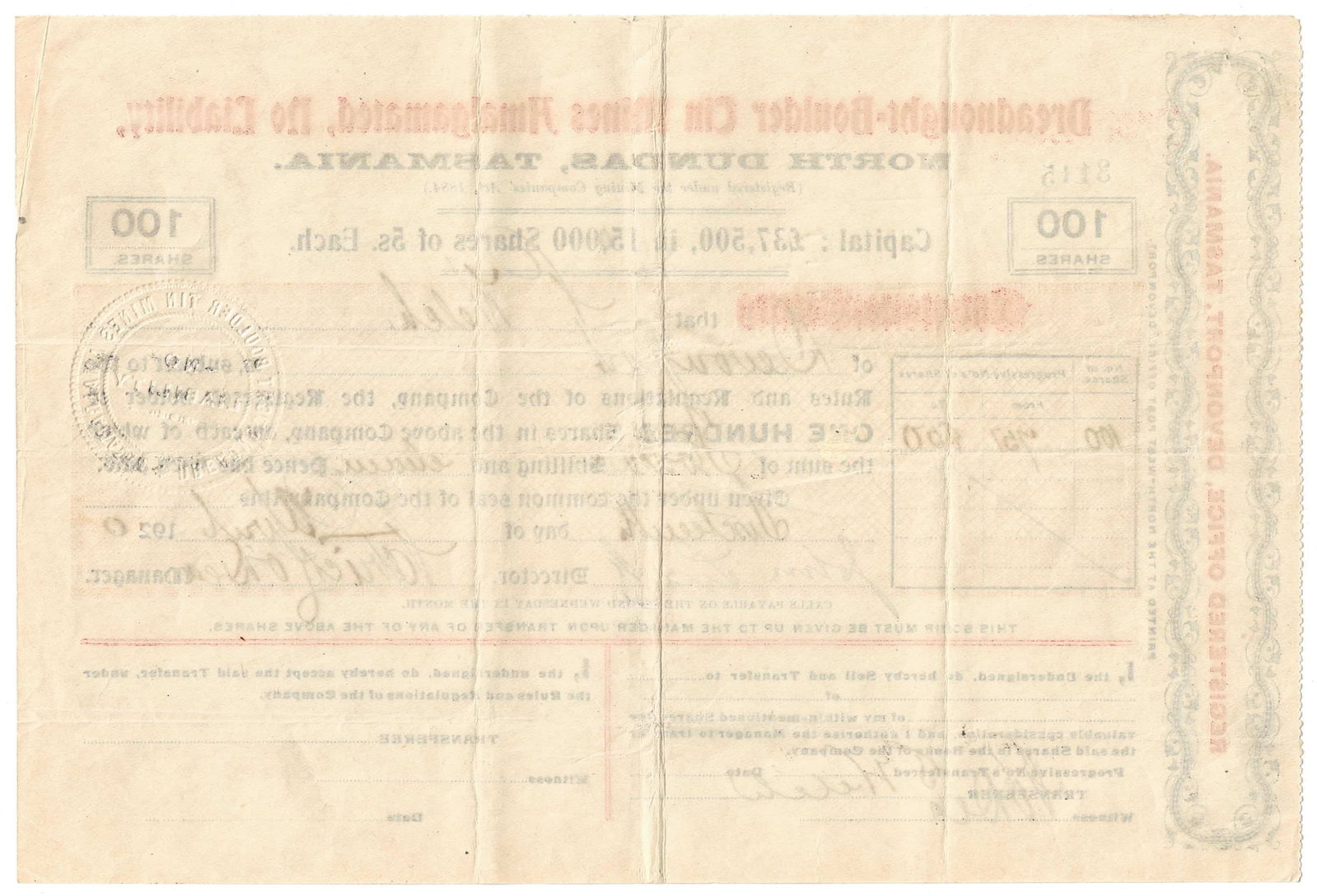 Australian Share Certificate - Dreadnought-Boulder Tin Mines Amalgamated, 19 April 1920 - 2