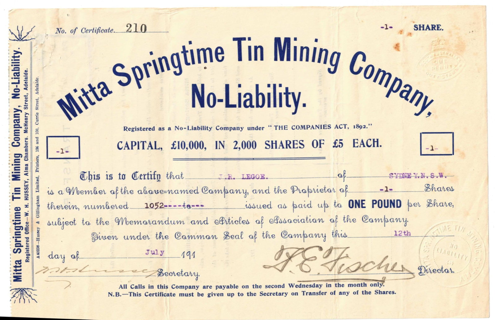 Australian Share Certificate - Mitta Springtime Tin Mining Company, 12 July 191_ (1 of 2)
