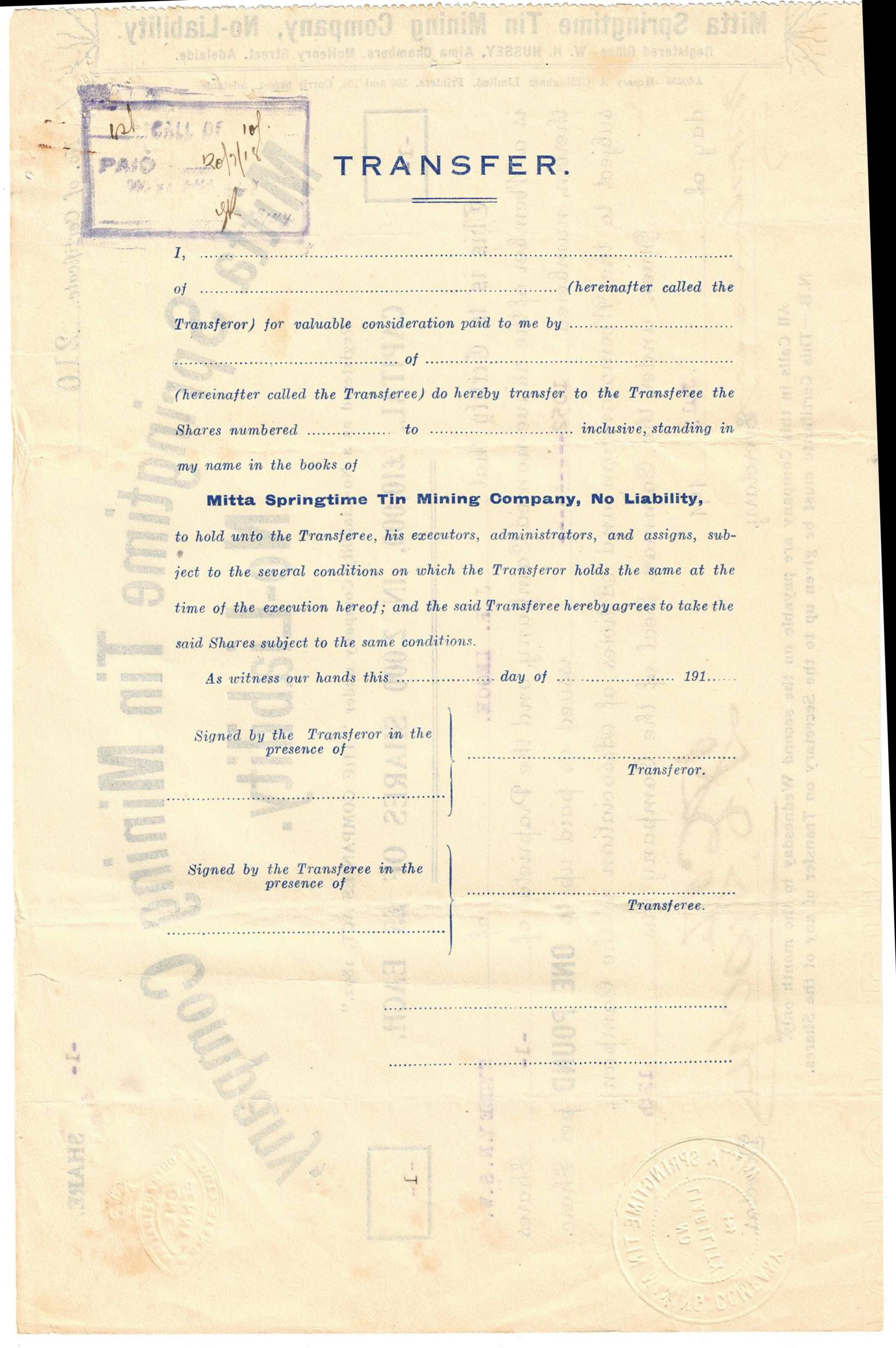 Australian Share Certificate - Mitta Springtime Tin Mining Company, 12 July 191_ - 2