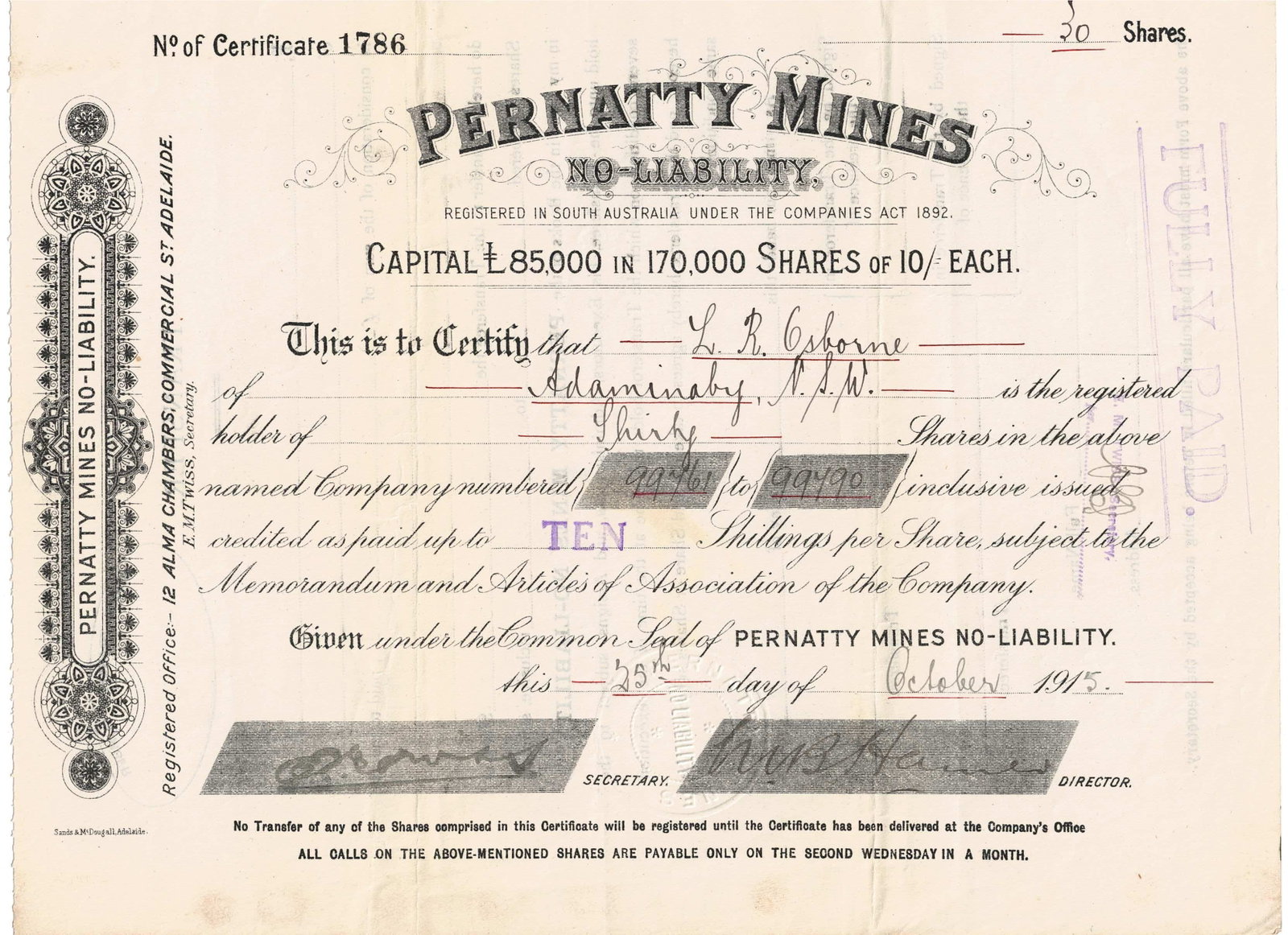 Australian Share Certificate - Pernatty Mines South Australia, 25 October 1915 (1 of 2)