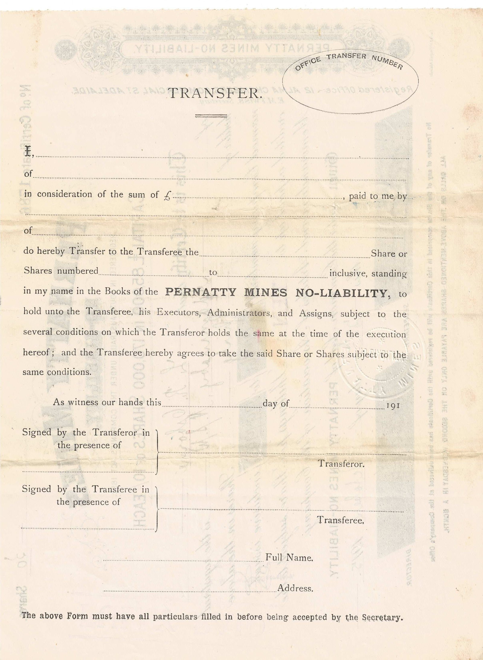 Australian Share Certificate - Pernatty Mines South Australia, 25 October 1915 - 2