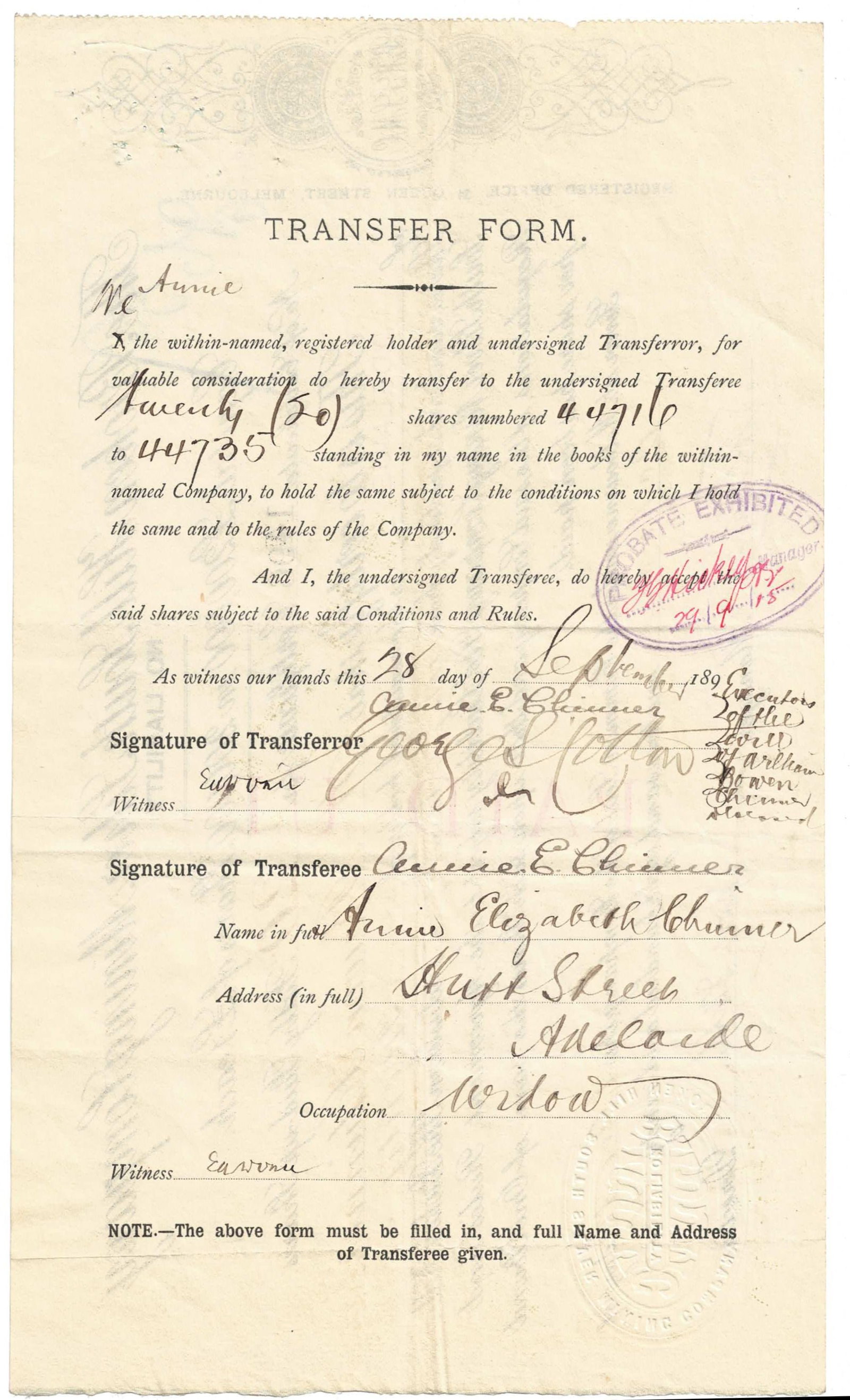 Australian Share Certificate - Broken Hill South Silver Mining Company, Adelaide. 11 October 1893 - 2