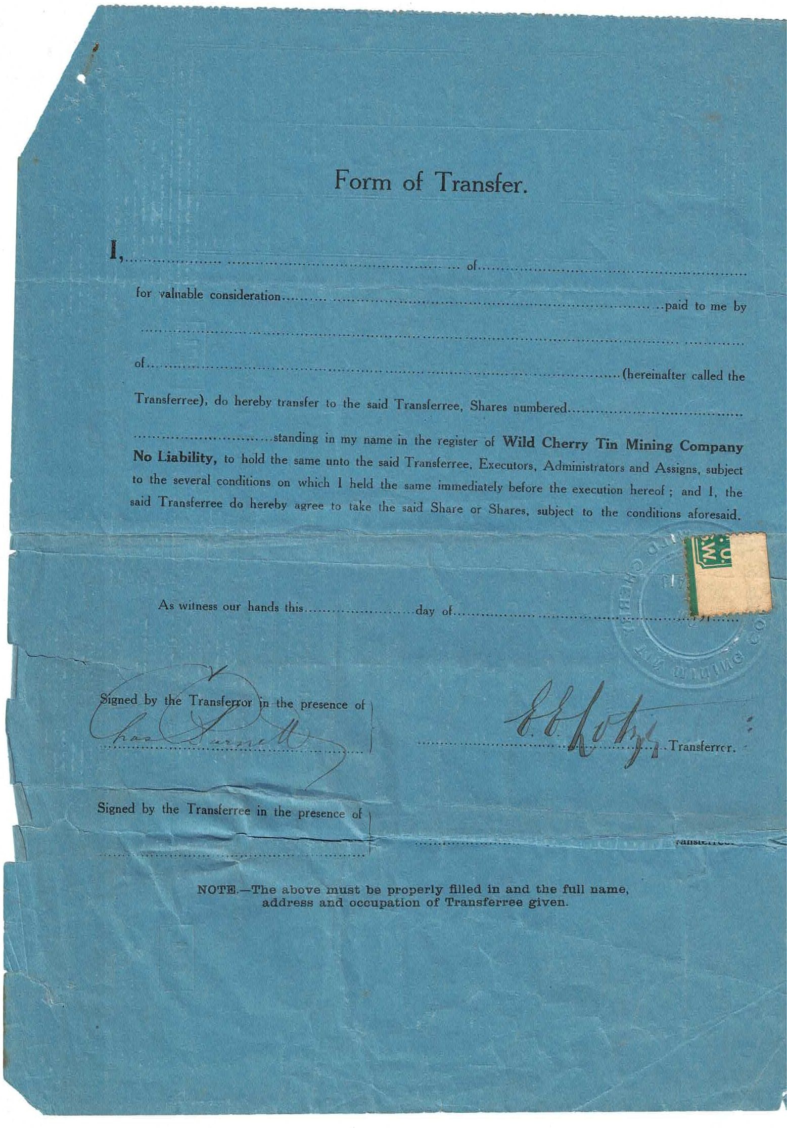 Australian Share Certificate - Wild Cherry Tin Mining, 22 May 1913 - 2