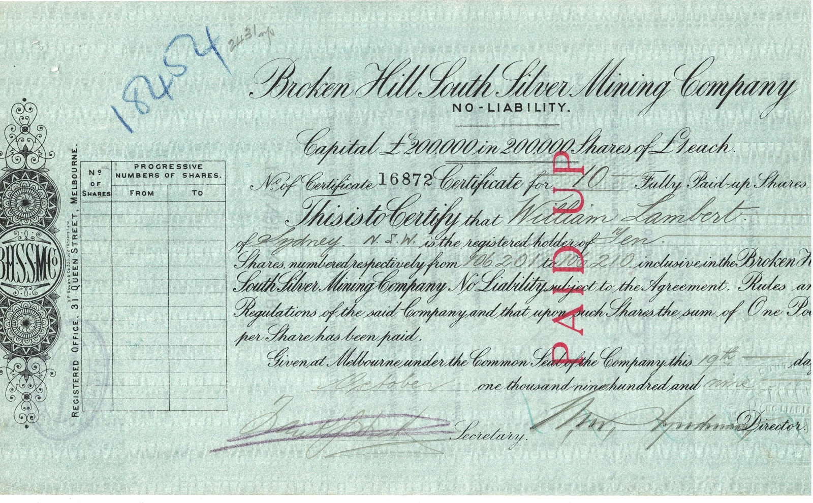 Australian Share Certificate - The Broken Hill South Silver Mining Company, 19 October 1909: Certificate# 16872, 10 Shares at £1 Medium Collectables