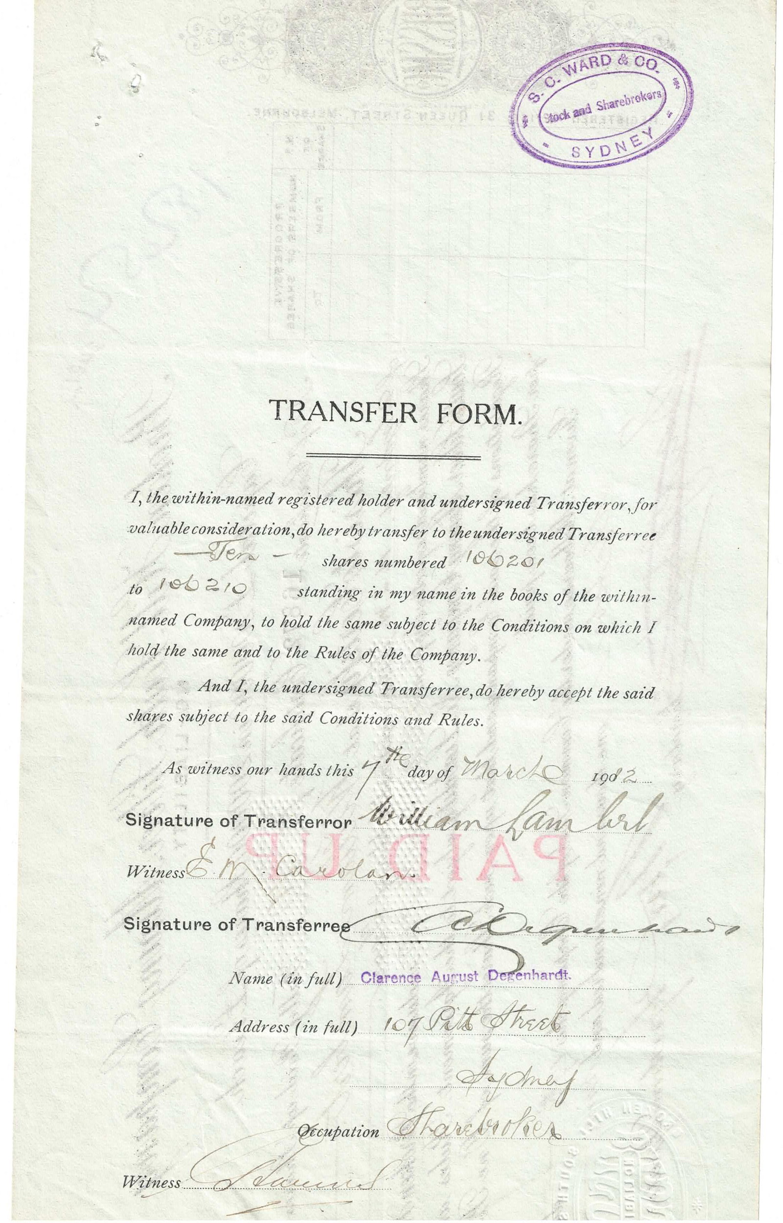 Australian Share Certificate - The Broken Hill South Silver Mining Company, 19 October 1909 - 2