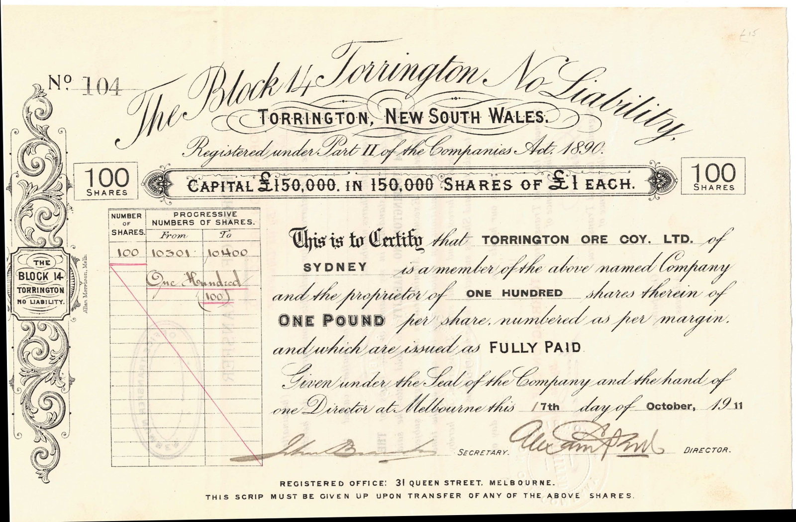 Australian Share Certificate - The Block 14 Torrington NSW, 7 October 1911: Certificate# 104, 100 Shares at £1 Medium Collectables