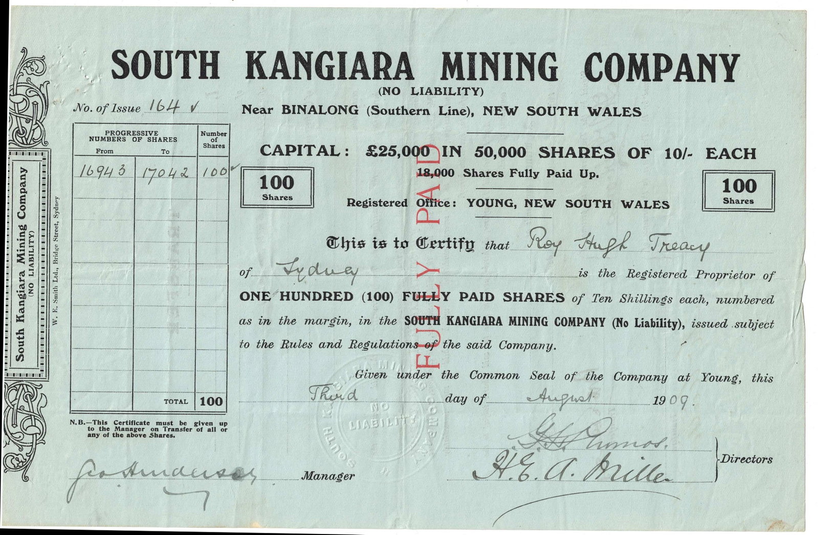 Australian Share Certificate - South Kangiara Mining Company, 3 August 1909: Certificate# 164, 100 shares at 10 Shillings Medium Collectables