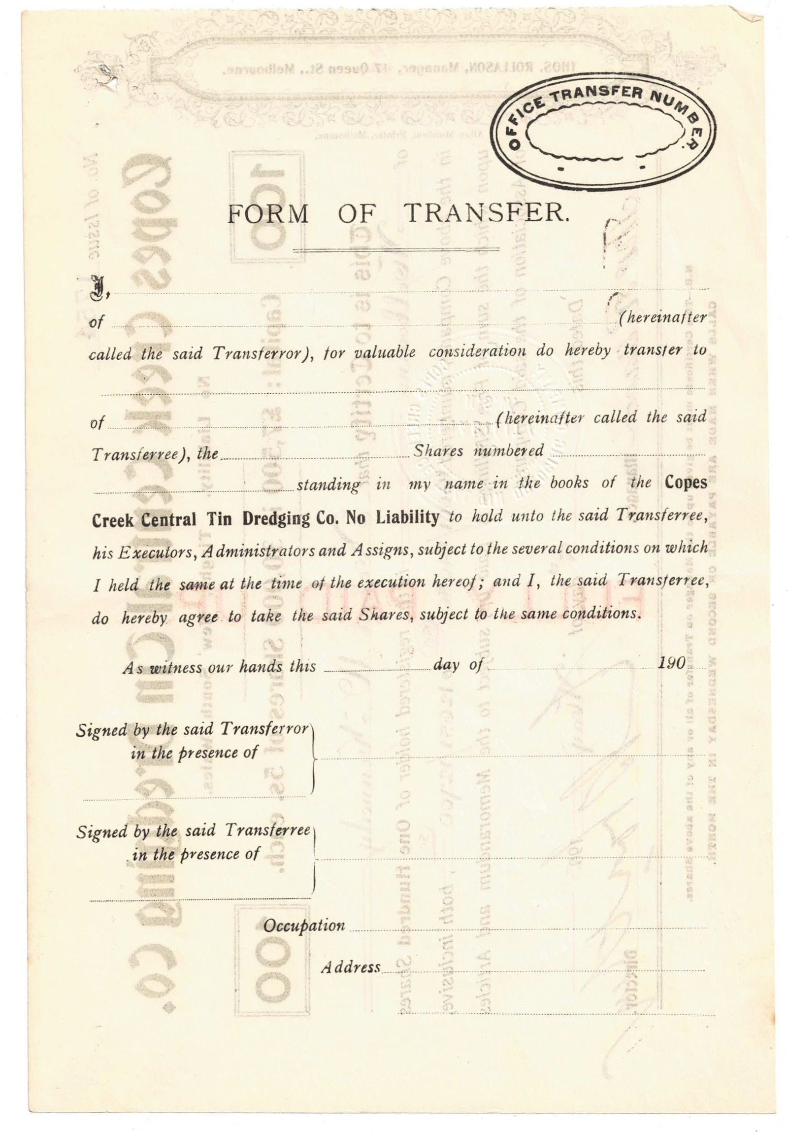 Australian Share Certificate - Copes Creek Central Tin Dredging Company, 5 May 1903 - 2