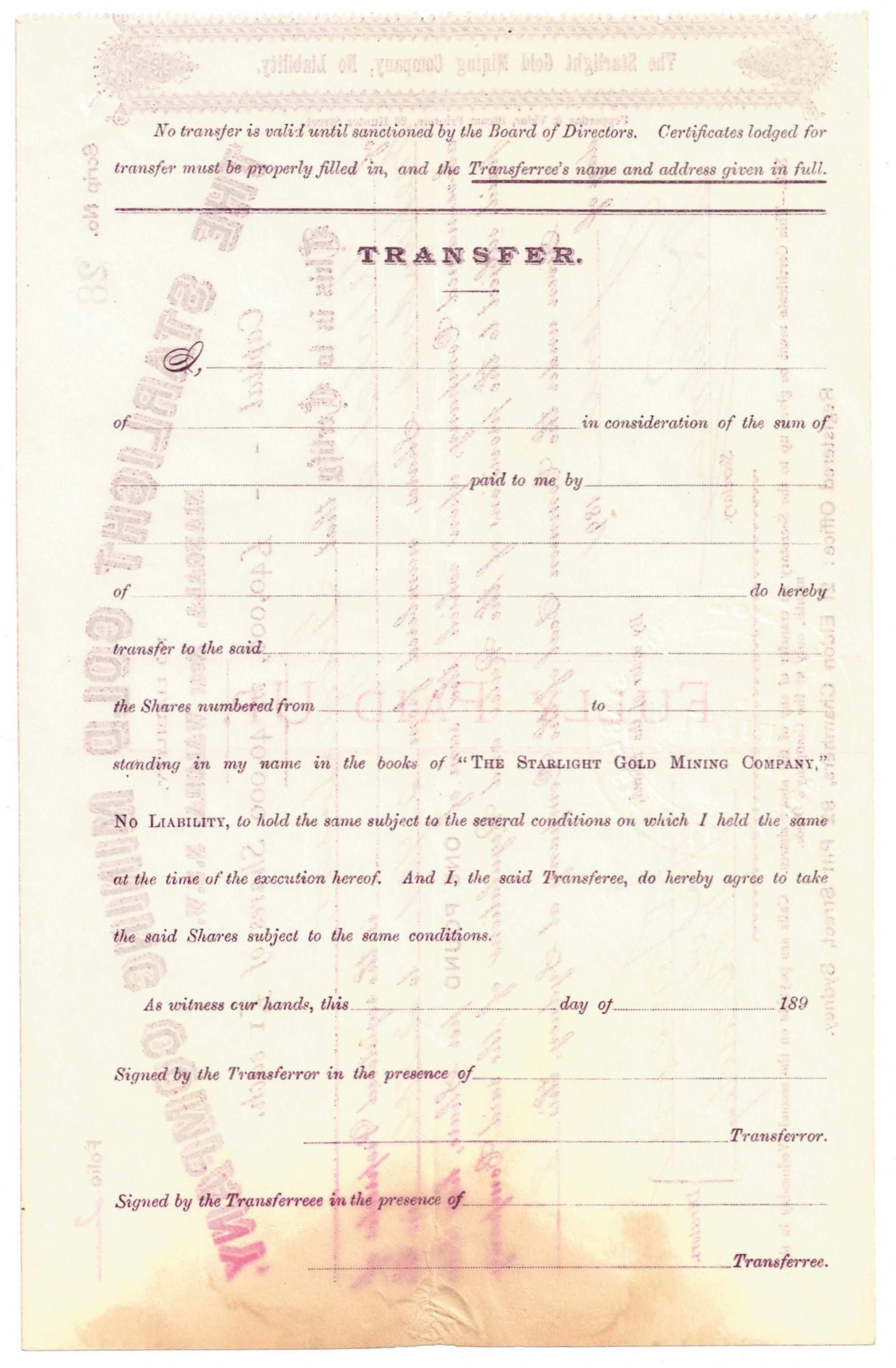 Australian Share Certificate - The Starlight Gold Mining Company at Niangala,NSW, 8 June 1891 - 2