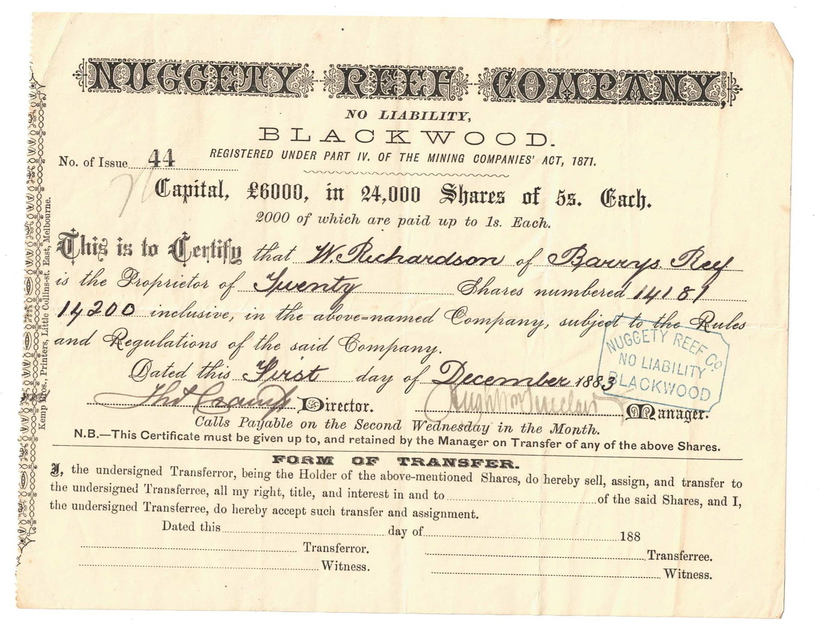 Australian Share Certificate - Nuggety Reef Company,1 December 1883: Certificate# 44, 20 shares at 5 Shillings Medium Collectables