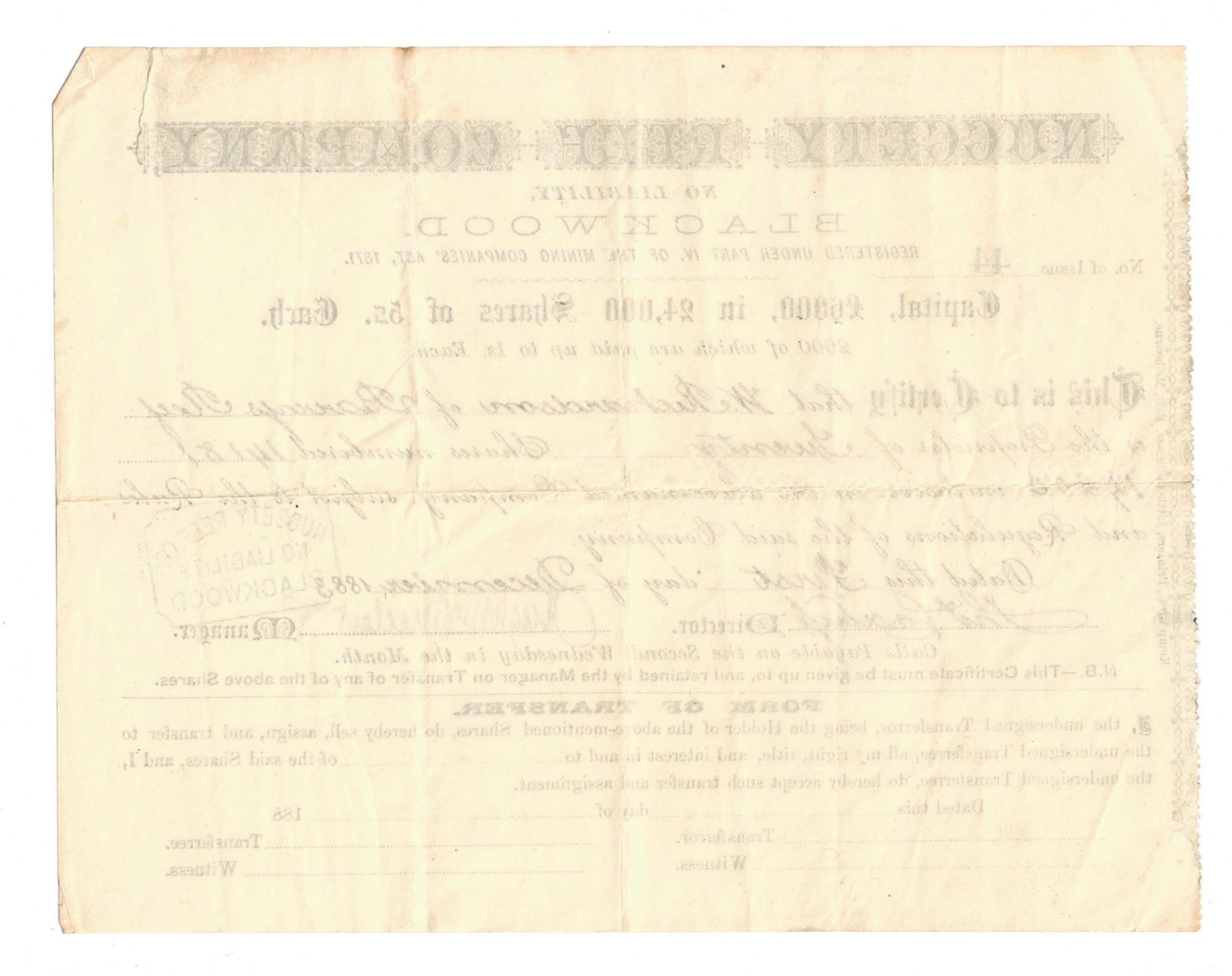 Australian Share Certificate - Nuggety Reef Company,1 December 1883 - 2