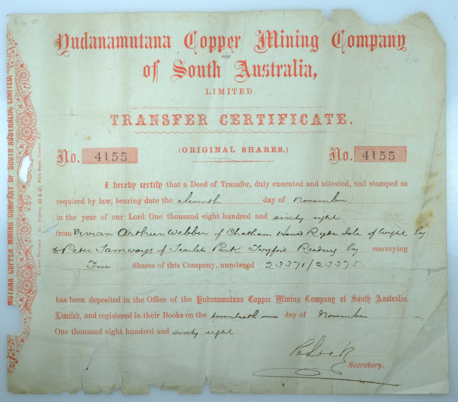 Australian Share Certificate - Yudnamutana Copper Mining Company South Australia, 20 November 1868 (1 of 2)