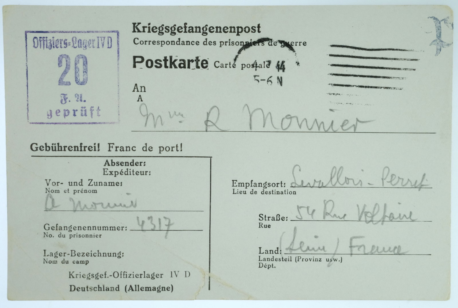 Germany WW11 'Stalag IV-D Prisoner of War Camp Postcard, Postmarked 1944: Sent to a wife from a French soldier held at the Camp Medium Collectibles