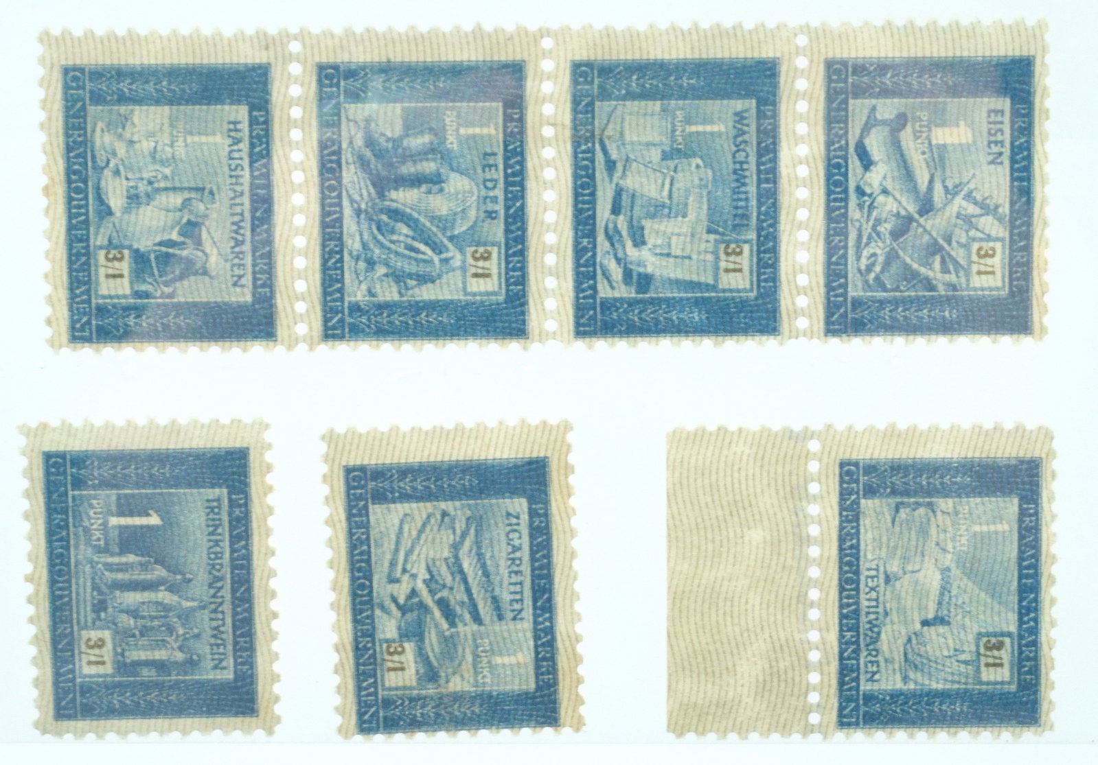German Occupied Poland 'General Government' 'Laundry Detergent' 1 Point Stamps (7), Mint No Gum: Issued to farmers as reward for delivering crop quotas. Some showing Co-op street address on the back Medium Collectibles