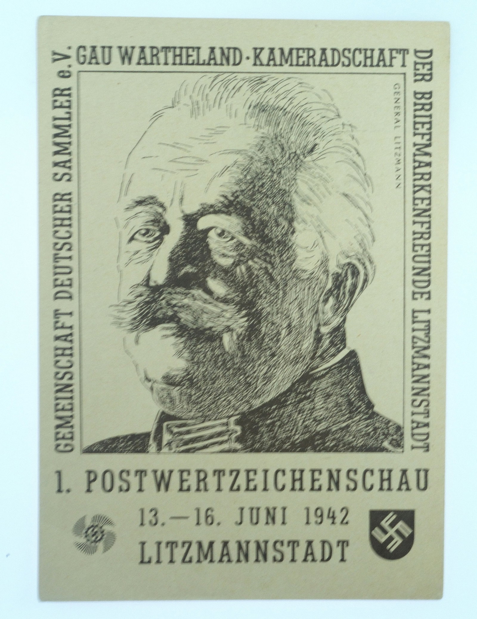 German Postcard commemorating the 1st stamp Exhibition held in Litzmannstadt (Lodz) June 1942, Mint (1 of 2)