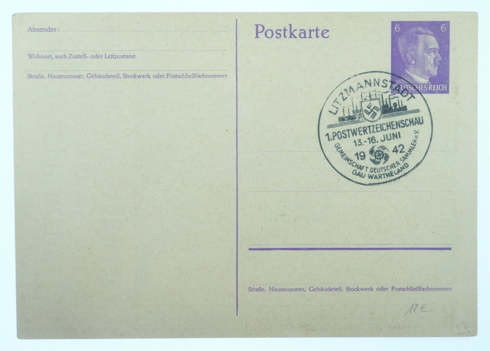 German Postcard commemorating the 1st stamp Exhibition held in Litzmannstadt (Lodz) June 1942, Mint - 2