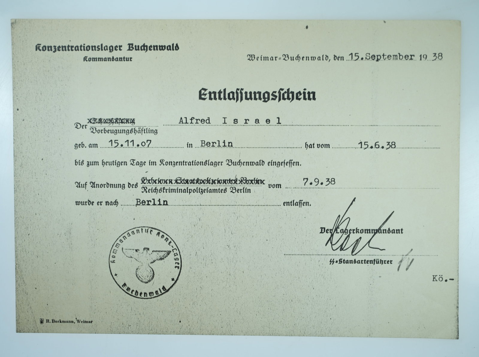 Germany 1938 Buchenwald Concentration Camp 'Entlassungsschein' Release Certificate Copy. EF (1 of 2)