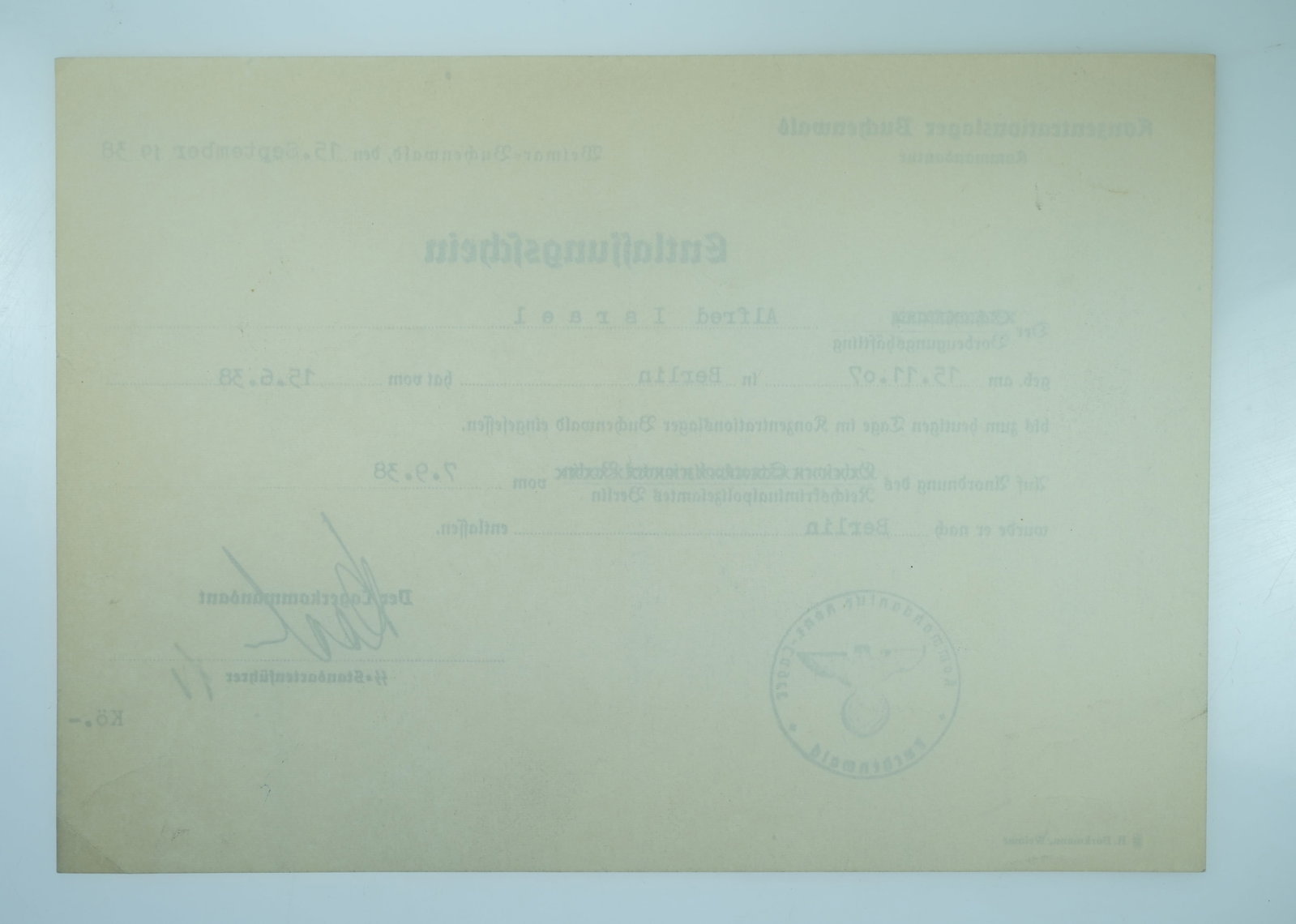 Germany 1938 Buchenwald Concentration Camp 'Entlassungsschein' Release Certificate Copy. EF - 2