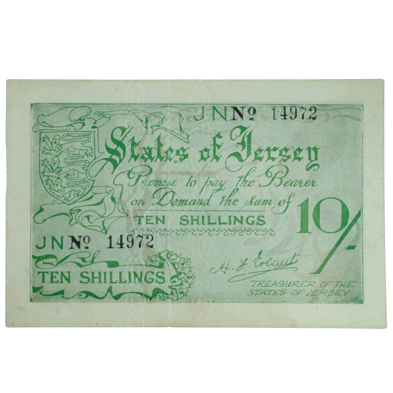 Jersey - WWII (German Occupation) Ten Shillings ND (1941-2), Extremely Fine: Pick# 5 : Serial No. 14972 Medium Paper Money, Europe