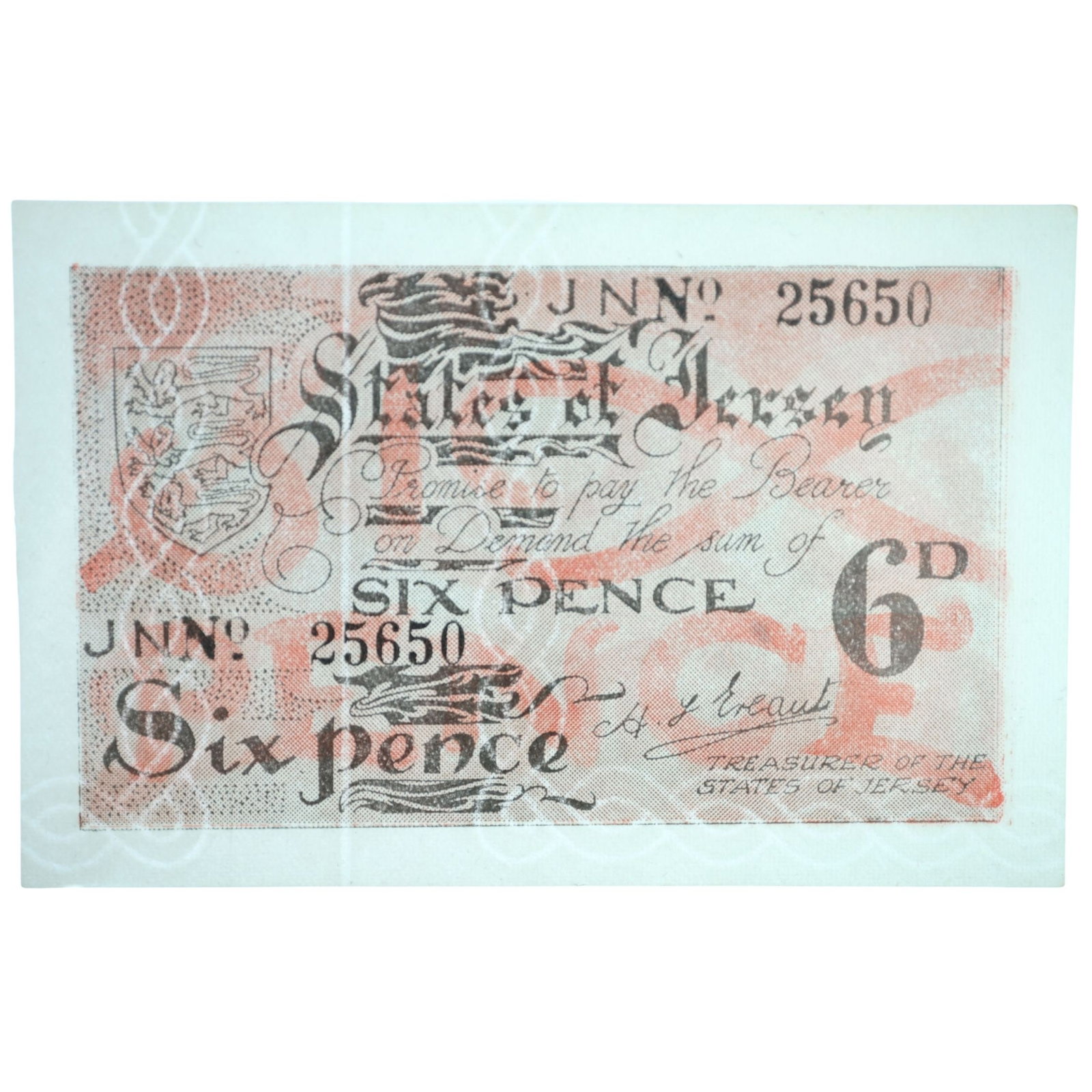 Jersey - WWII (German Occupation) Sixpence ND (1941-2), Uncirculated OPQ: Pick# 1(a) : Serial# JN No.25650 Dark Orange Variety Condition O(riginal) P(aper) Q(uality) Medium Paper Money, Europe