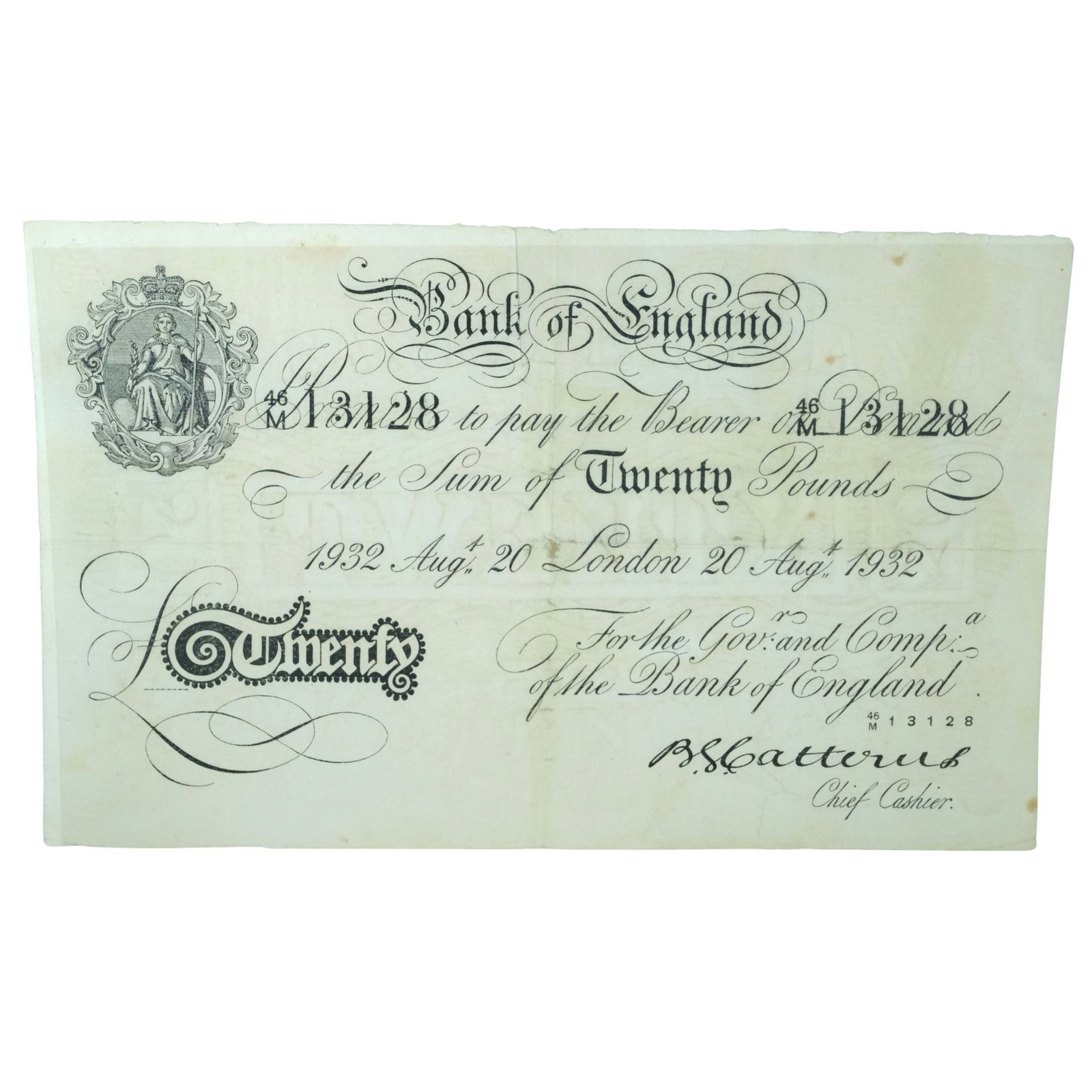 Great Britain Catterns 'Operation Bernhard' £20 Forgery, good Fine details: Serial# 46M 13128 : London 20 Augt 1932 Condition Centre Hole & holes along folds Medium Paper Money, Europe