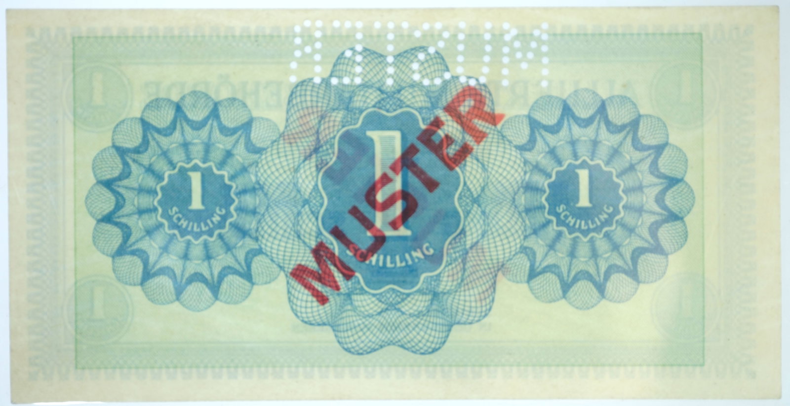 Austria (Allied Military Authority) 1944 Muster (Specimen) Emergency Ein Schilling, Uncirculated OPQ: P# 103bs : Central Bank Archive type Condition O(riginal) P(aper) Q(uality) Medium Paper Money, Europe