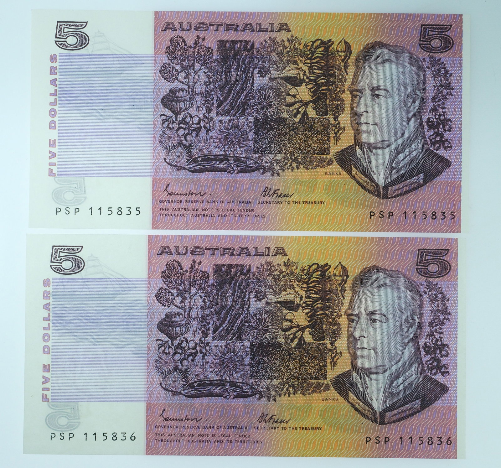 Australia 'Johnston - Fraser' OCR-B $5 (1985), Uncirculated OPQ (Consecutive Pair) (1 of 2)