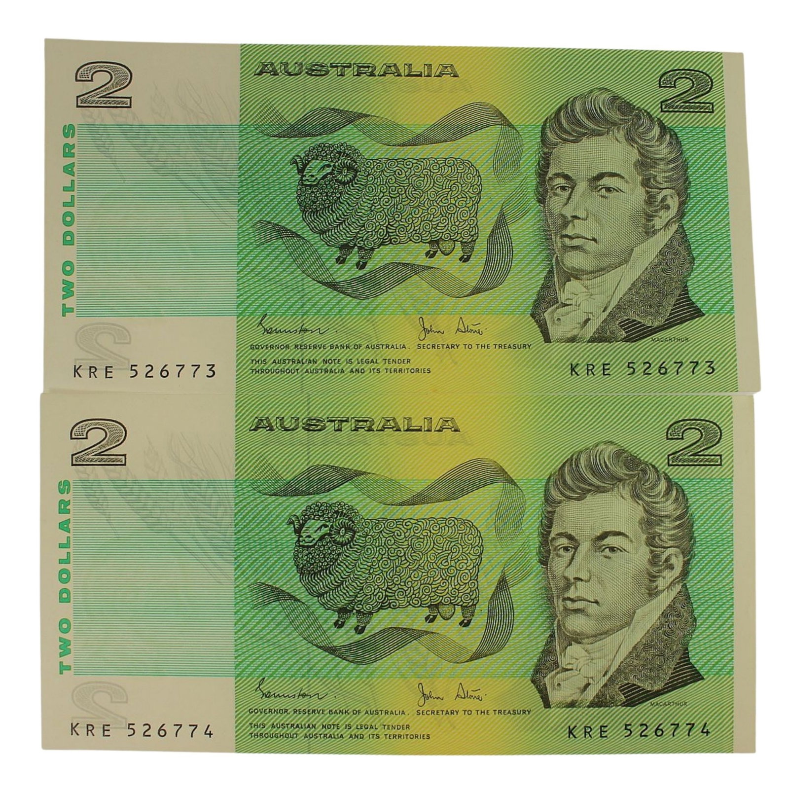 Australia 'Johnston - Stone' $2's (1983), about Uncirculated OPQ (Consecutive Pair): Renniks# 88 : Serial# KRE 526773-4 Condition O(riginal) P(aper) Q(uality) Medium Coins, Monies & Stamps