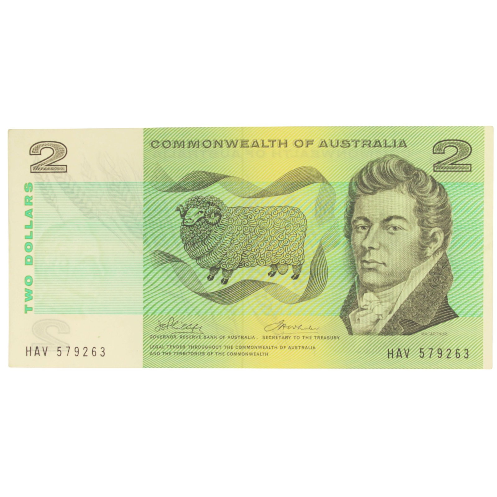Australia 'Phillips - Wheeler' C of A $2 (1972), Uncirculated OPQ: Renniks# 84 : Serial# HAV 579263 Condition O(riginal) P(aper) Q(uality). Light bend & Flicks