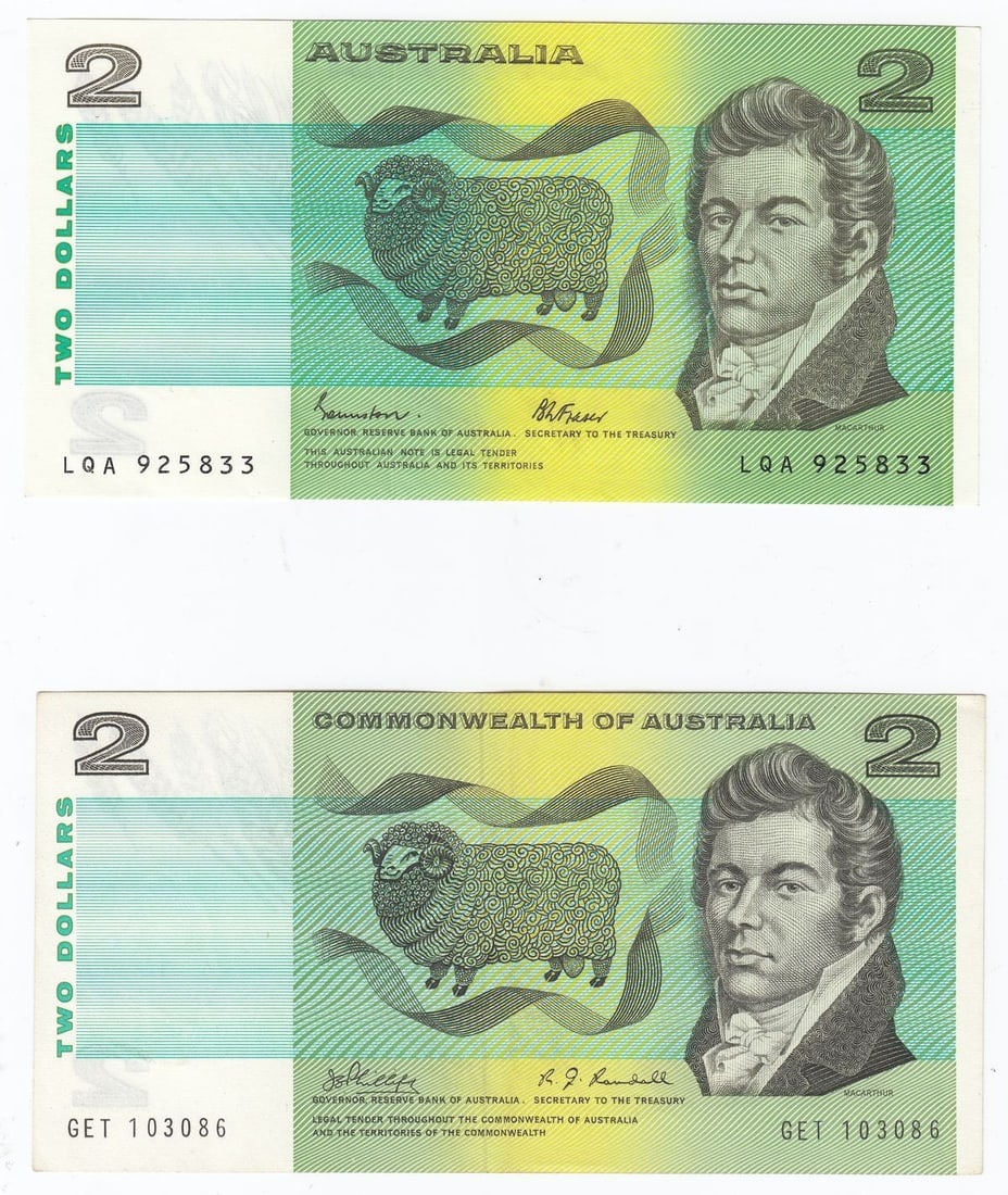 Australia 'C of A' $2 (1968) & 'Australia' $2 (1985), virtually Uncirculated OPQ (2 notes): Renniks# 83 & 89 : Serial# GET 103086 & LQA 925833 Condition O(riginal) P(aper) Q(uality). Phillips Randall $2 has centre bend