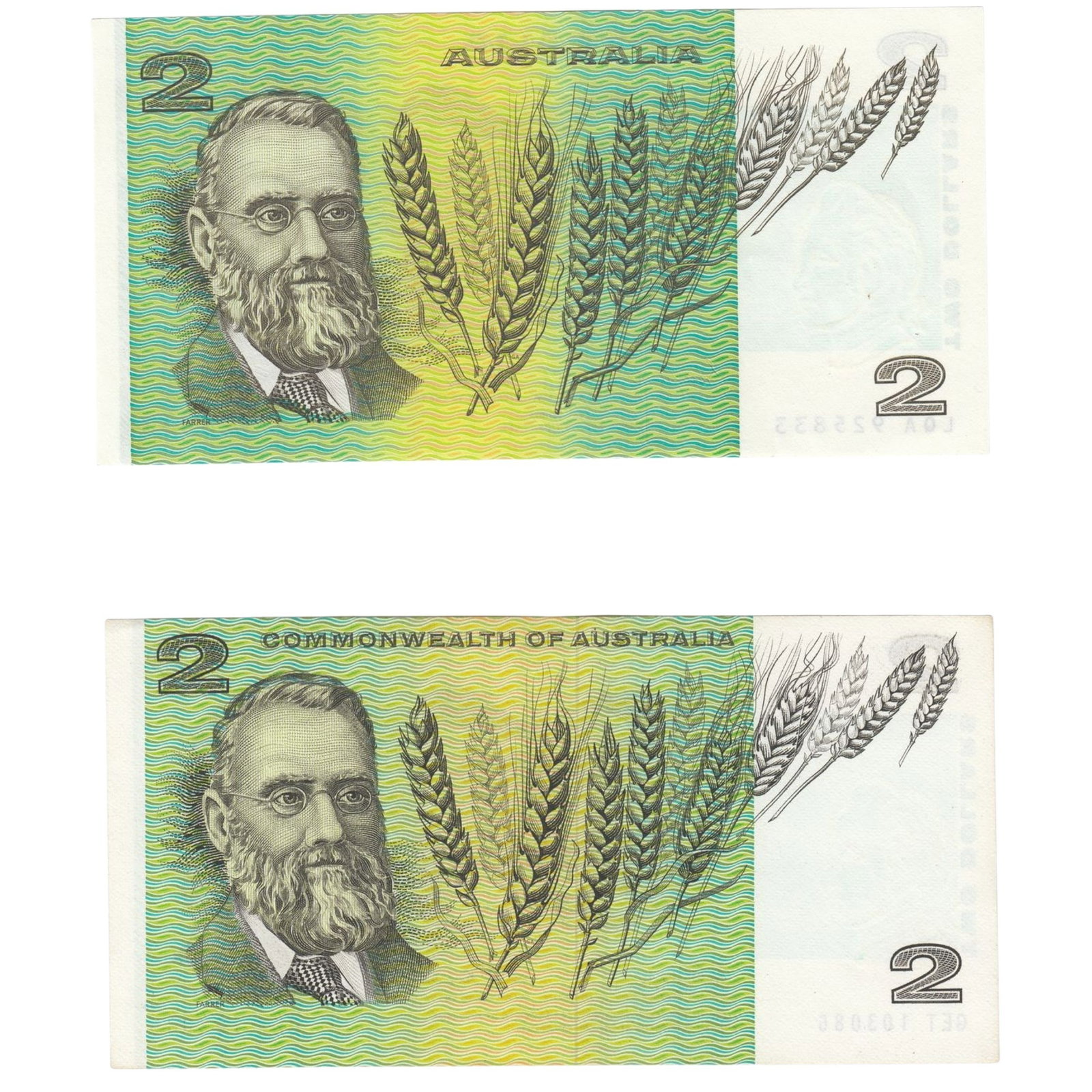 Australia 'C of A' $2 (1968) & 'Australia' $2 (1985), virtually Uncirculated OPQ (2 notes) - 2
