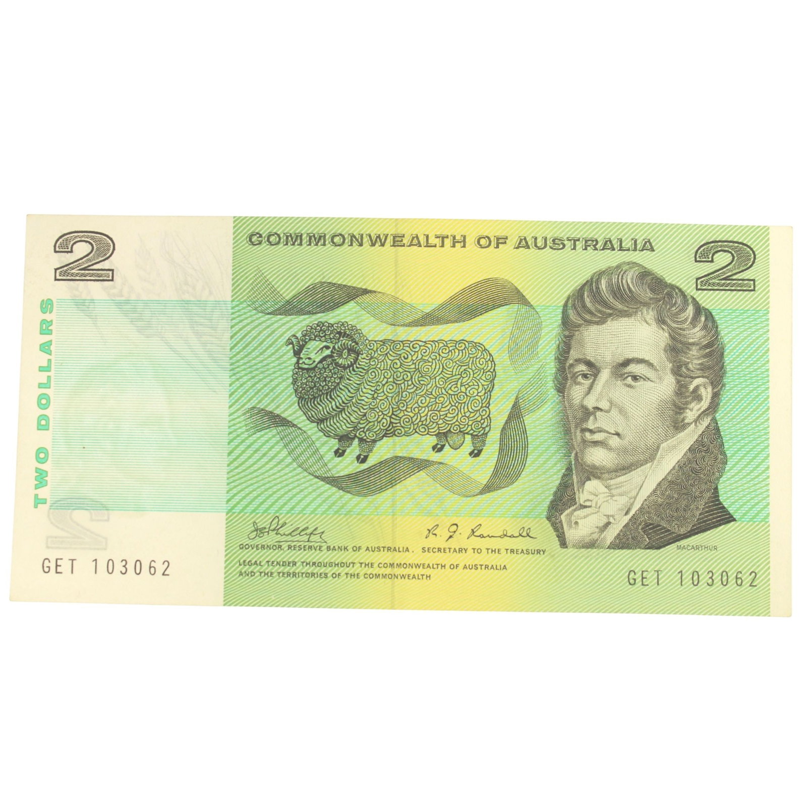 Australia 'Phillips - Randall' C of A $2 (1968), Uncirculated OPQ: Renniks# 83 : Serial# GET 103062 Condition O(riginal) P(aper) Q(uality) Medium Paper Money, Australia & New Zealand