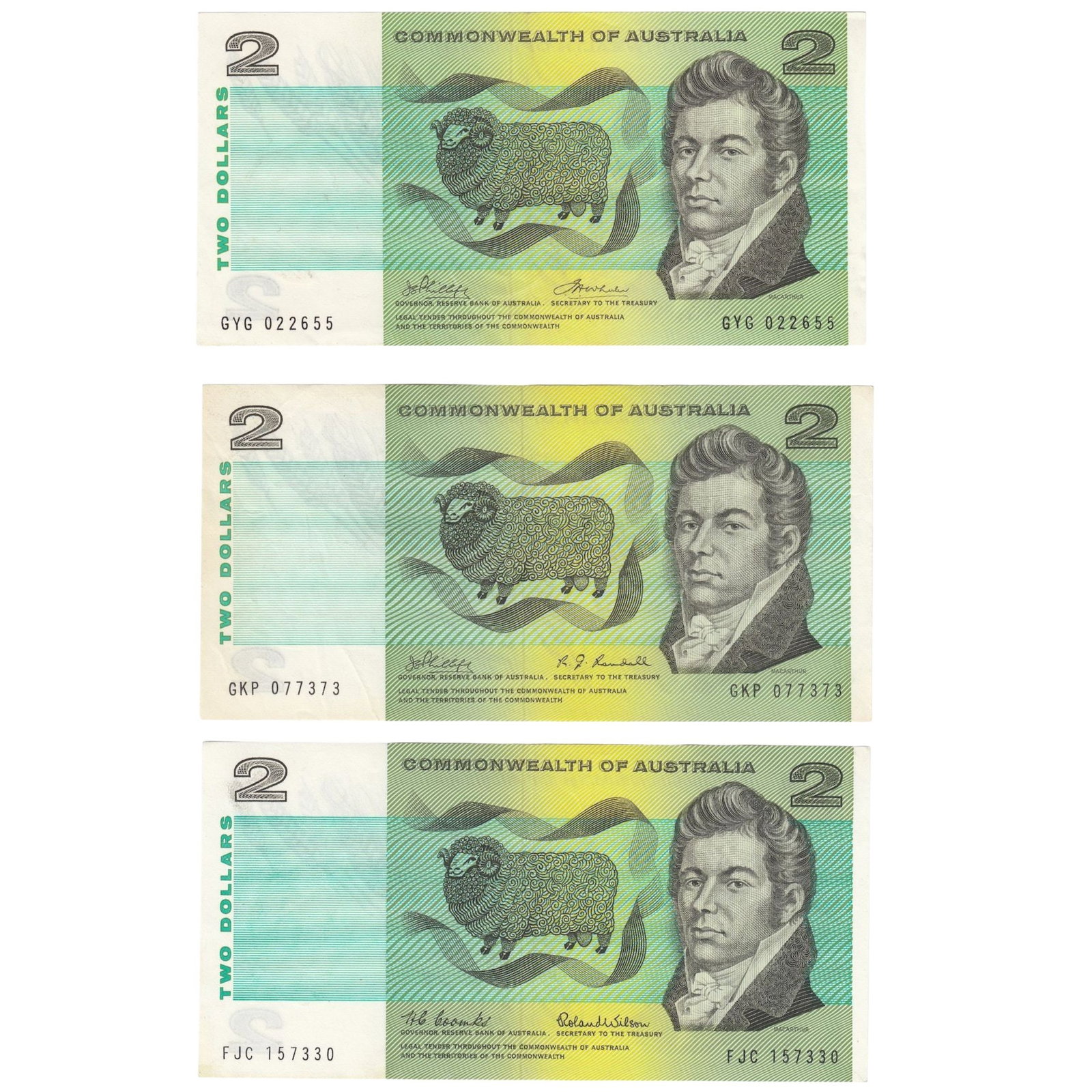 Australia 'C of A' 1966,1968 & 1972 $2's, good Extremely Fine or better OPQ (3 notes): Renniks# 81, 83 & 84 : Serial# FJC 157330, GYG 022655 & GKP 077373 Condition O(riginal) P(aper) Q(uality) Medium Paper Money, Australia & New Zealand
