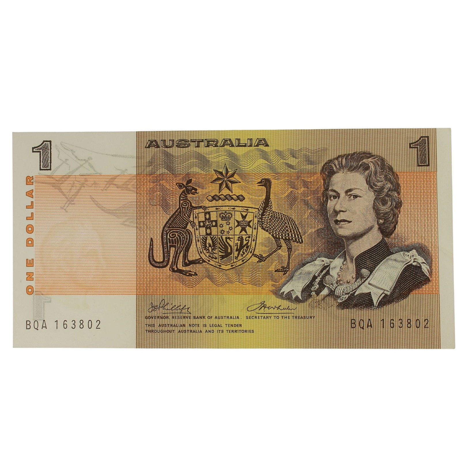 Australia 'Phillips - Wheeler' $1 (1972), virtually Uncirculated OPQ: Renniks# 75 : Serial# BQA 163802 Condition O(riginal) P(aper) Q(uality)