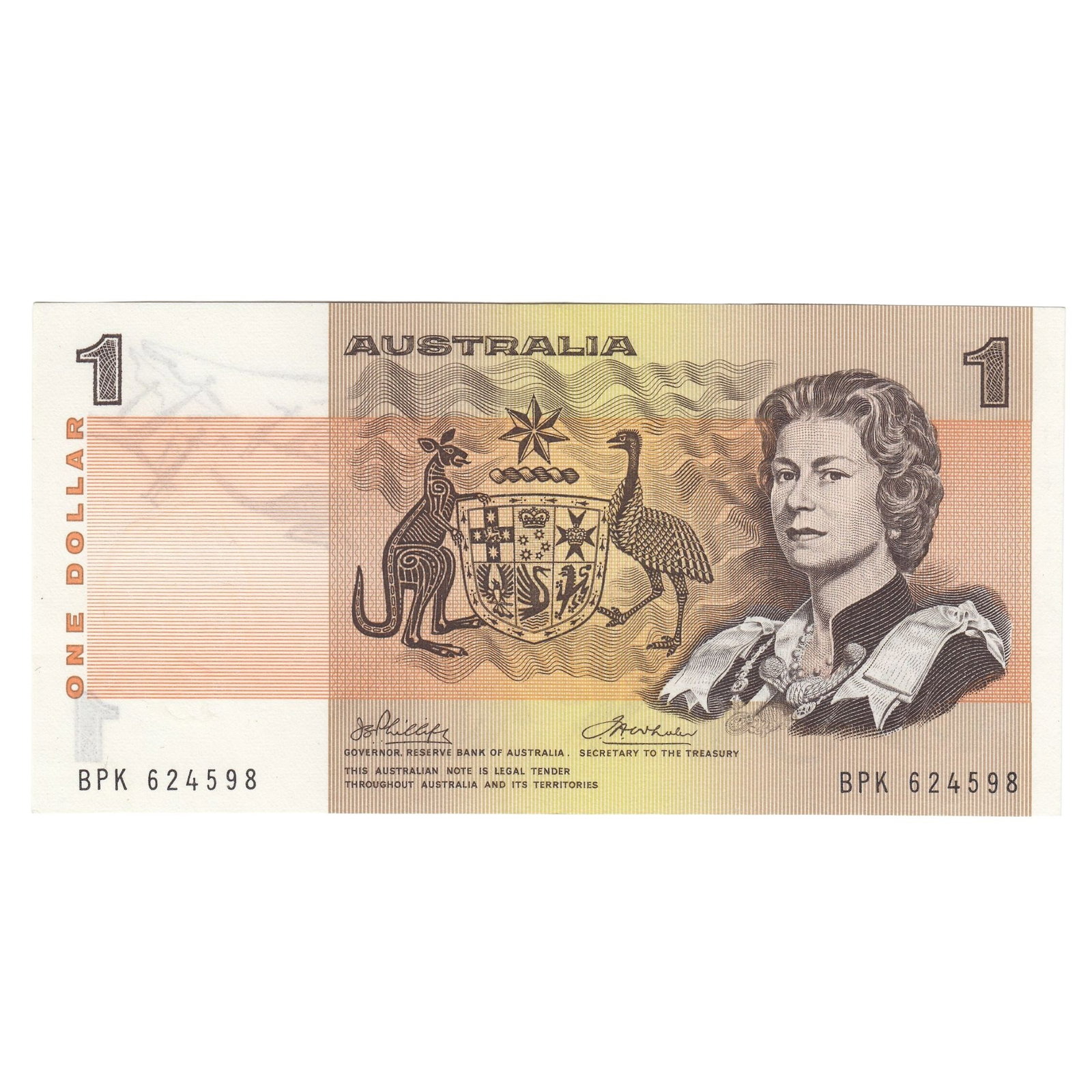 Australia 'Phillips - Wheeler' Australia $1 (1974), Uncirculated OPQ: Renniks# 75 : Serial# BPK 624598 Condition O(riginal) P(aper) Q(uality)