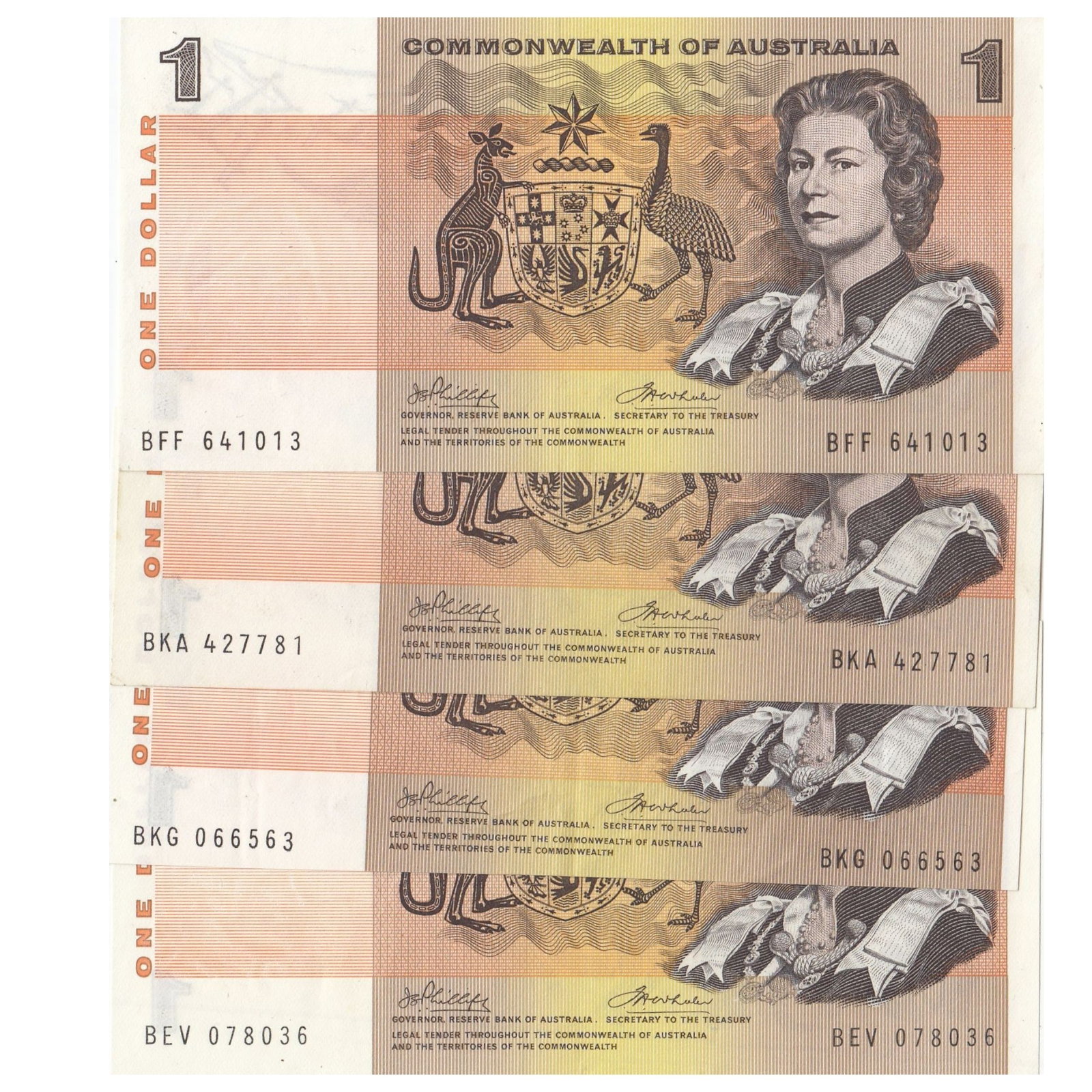 Australia 'Phillips - Wheeler C of A $1's (1972), Crisp good Very Fine of better (4 notes): Renniks# 74 : Mixed serials