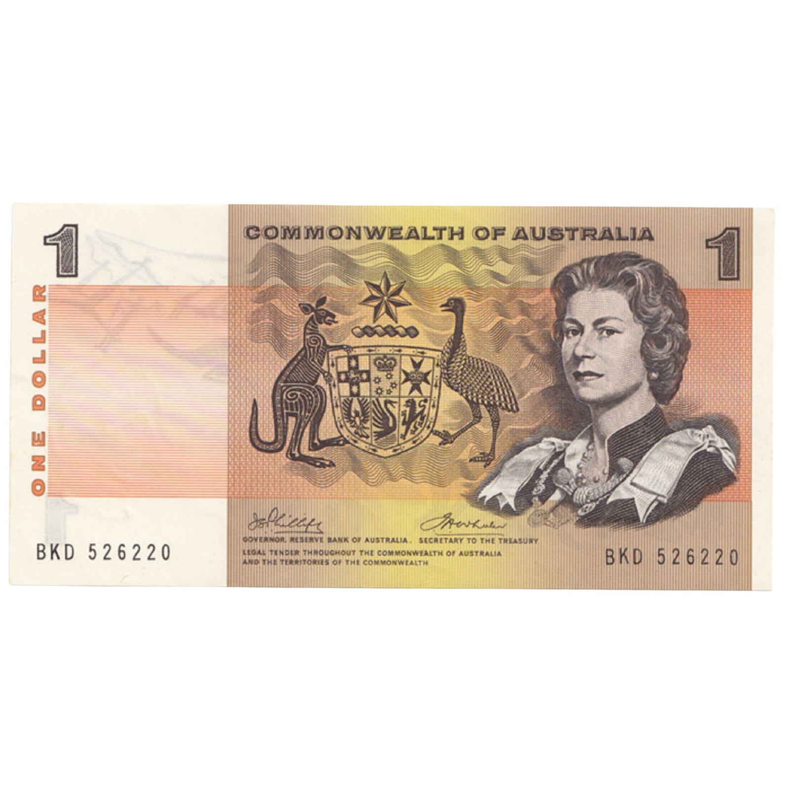 Australia 'Phillips - Wheeler' Commonwealth $1 (1972), Uncirculated OPQ: Renniks# 74 : Serial# BKD 526220 Condition O(riginal) P(aper) Q(uality)