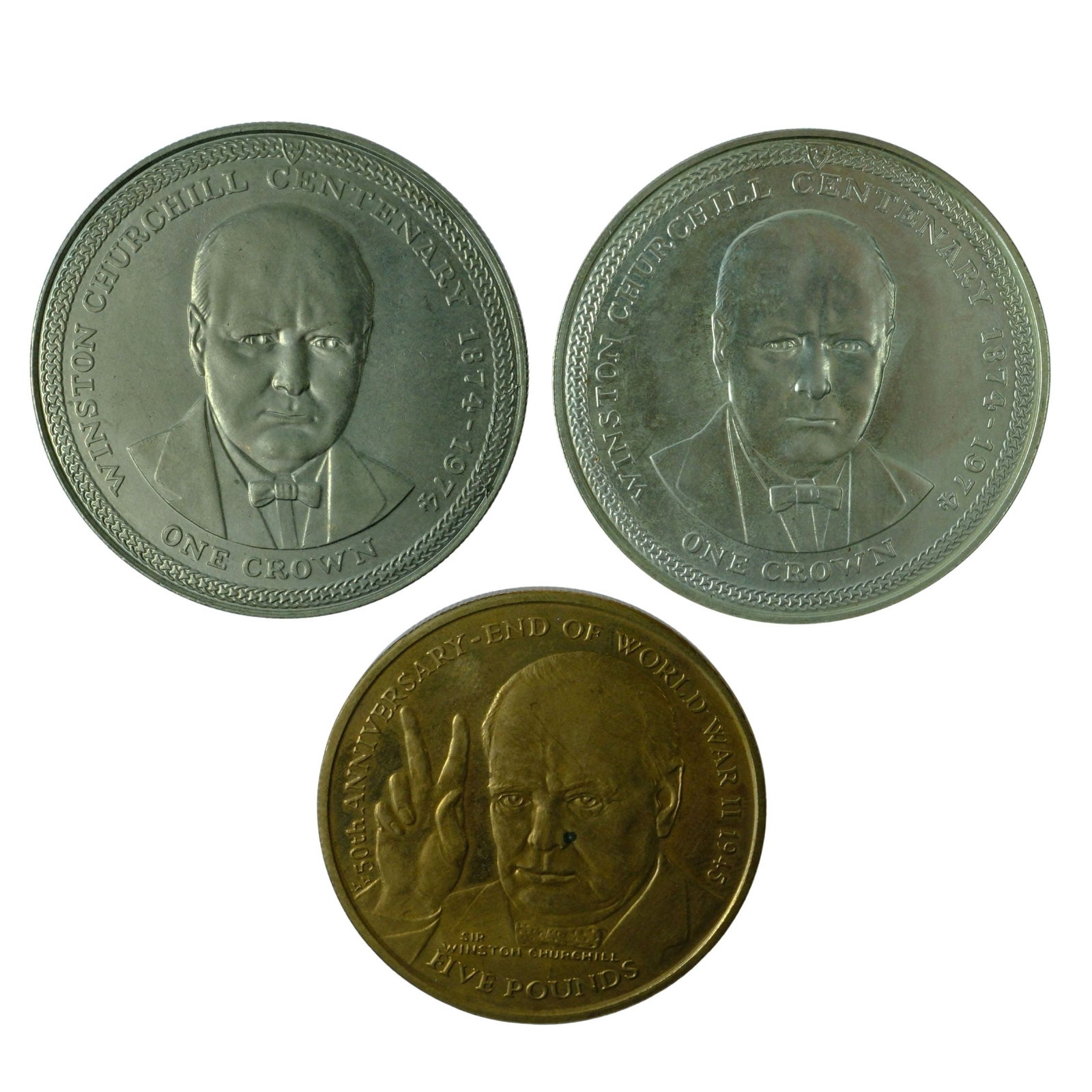 Isle of Man 1974 'Churchill' Crowns in Cu-Ni & Sterling (925) Silver, Uncirculated (3): Comes with a 1995 'Virenium' 5 Pound Size ASW 0.8410 Troy oz Medium Coins, Europe
