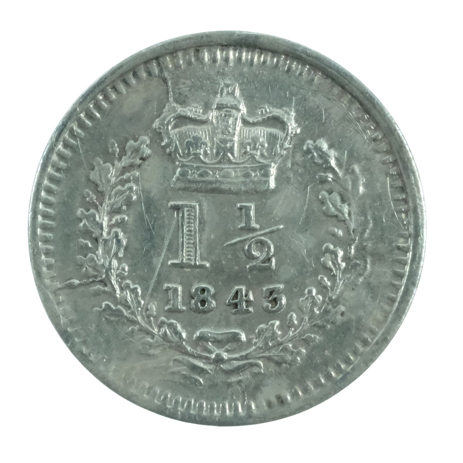 Great Britain 1843 Silver (925) Three Halfpence, Extremely Fine details (1 of 2)