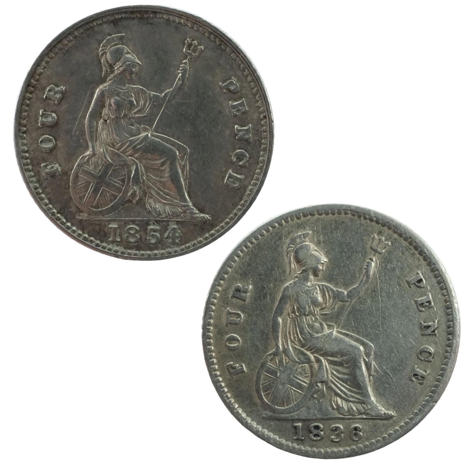 Great Britain 1836 & 1854 Silver (925) Groats, about VF & about EF (1 of 2)