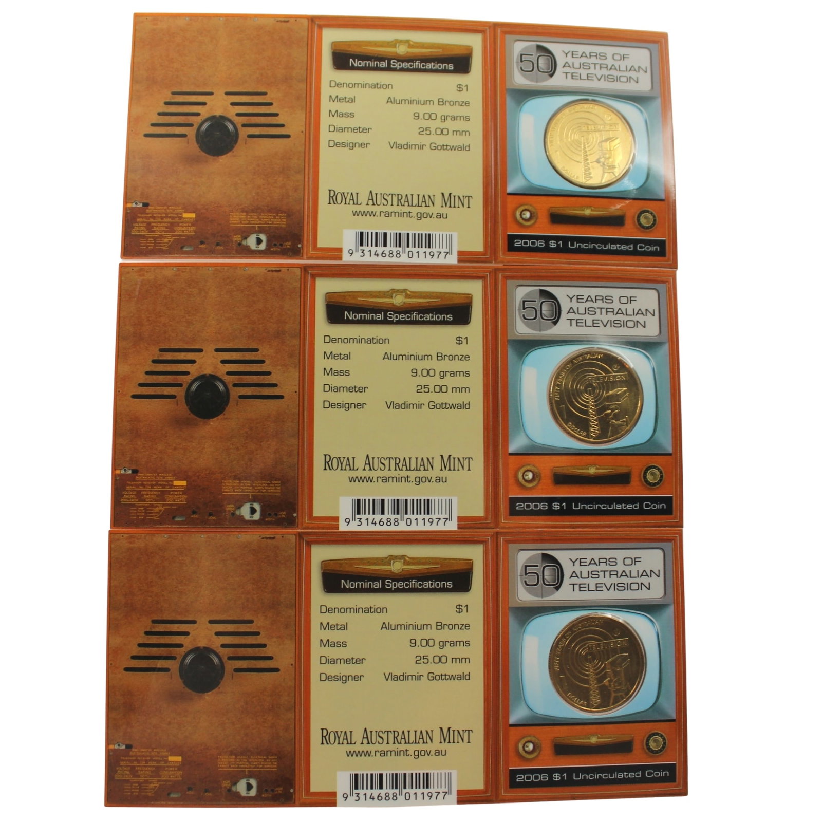 Australia 2006 M '50 Years of Australian Television Al-Br $1's, Uncirculated (3 Coins): . Medium Coins, Australia & New Zealand