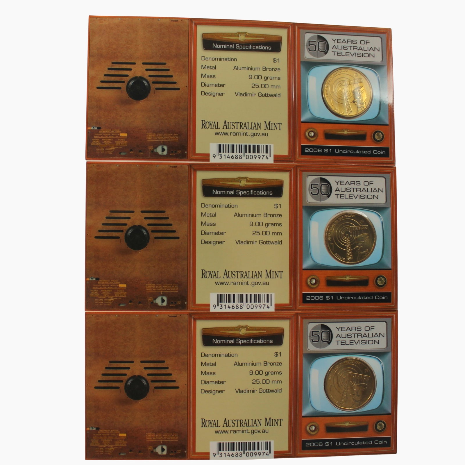 Australia 2006 C '50 Years of Australian Television Al-Br $1's, Uncirculated (3 Coins): . Medium Coins, Australia & New Zealand