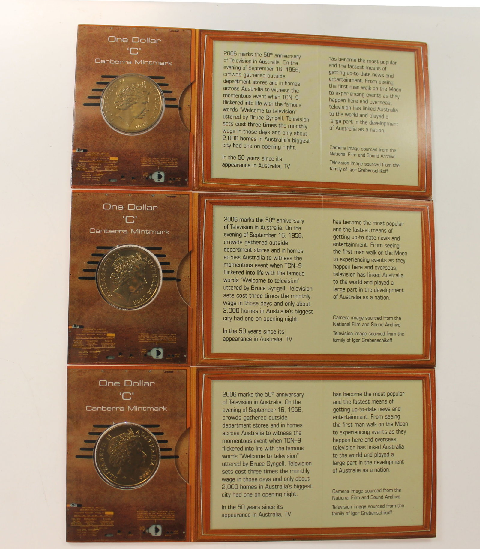 Australia 2006 C '50 Years of Australian Television Al-Br $1's, Uncirculated (3 Coins) - 2