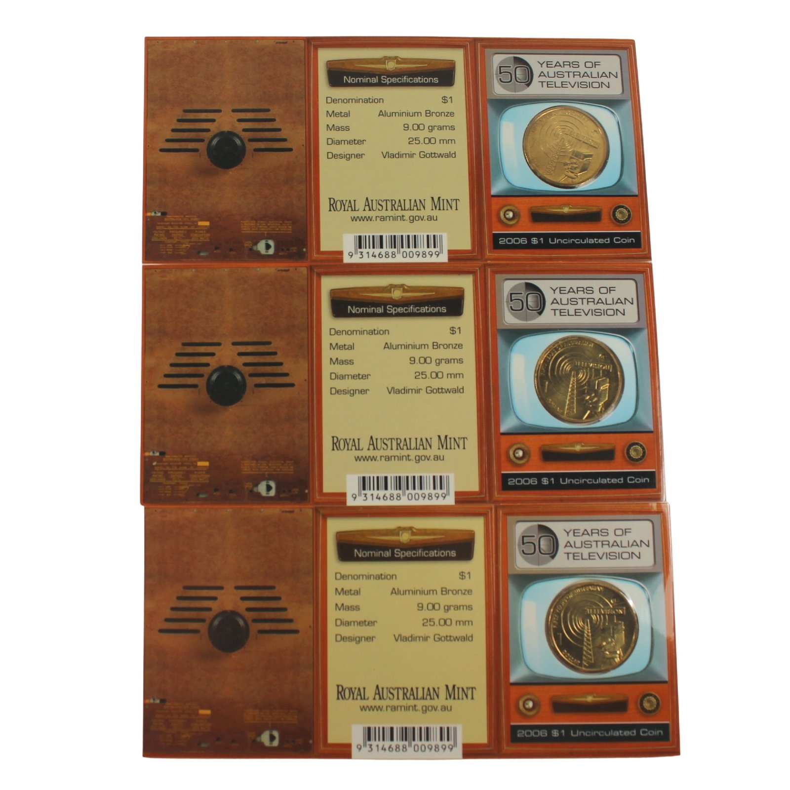 Australia 2006 B '50 Years of Australian Television Al-Br $1's, Uncirculated (3 Coins): . Medium Coins, Australia & New Zealand