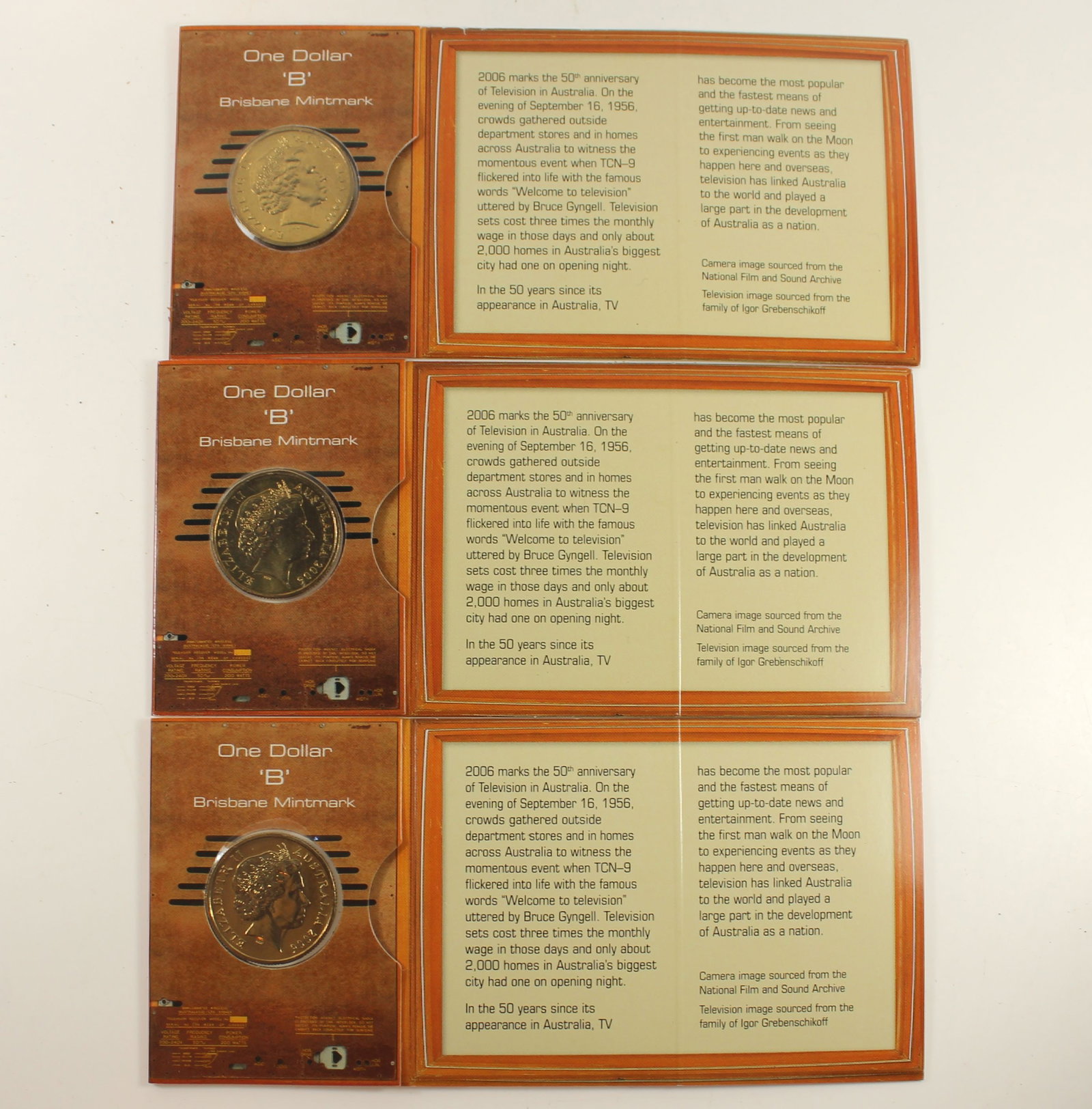 Australia 2006 B '50 Years of Australian Television Al-Br $1's, Uncirculated (3 Coins) - 2